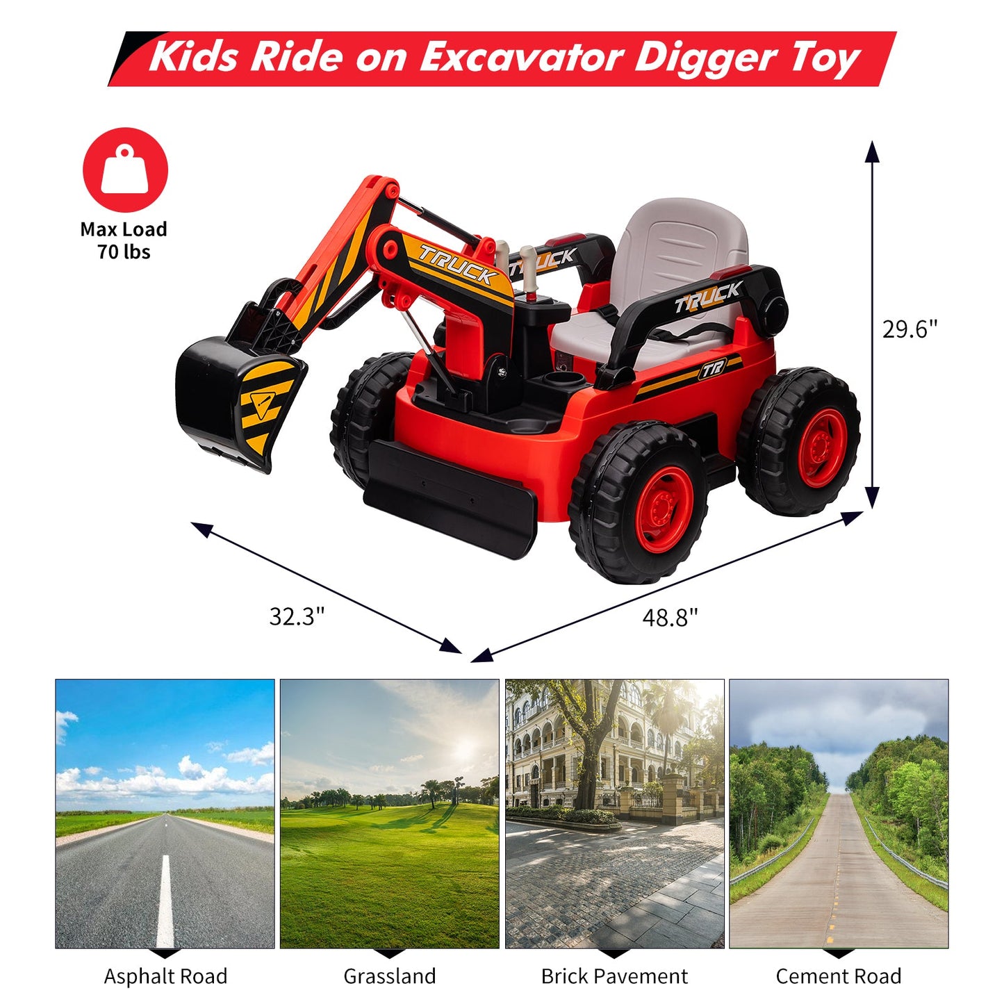 Garvee Ride - P Series: 12V Kids Ride On Excavator Digger Car with Remote Control & Electric Digging Arm with 2x35W Motors, 10Ah Large Battery, 4x75W Driving Motors,Led Tail Light, Music, USB, Ride Toy Gifts, Red