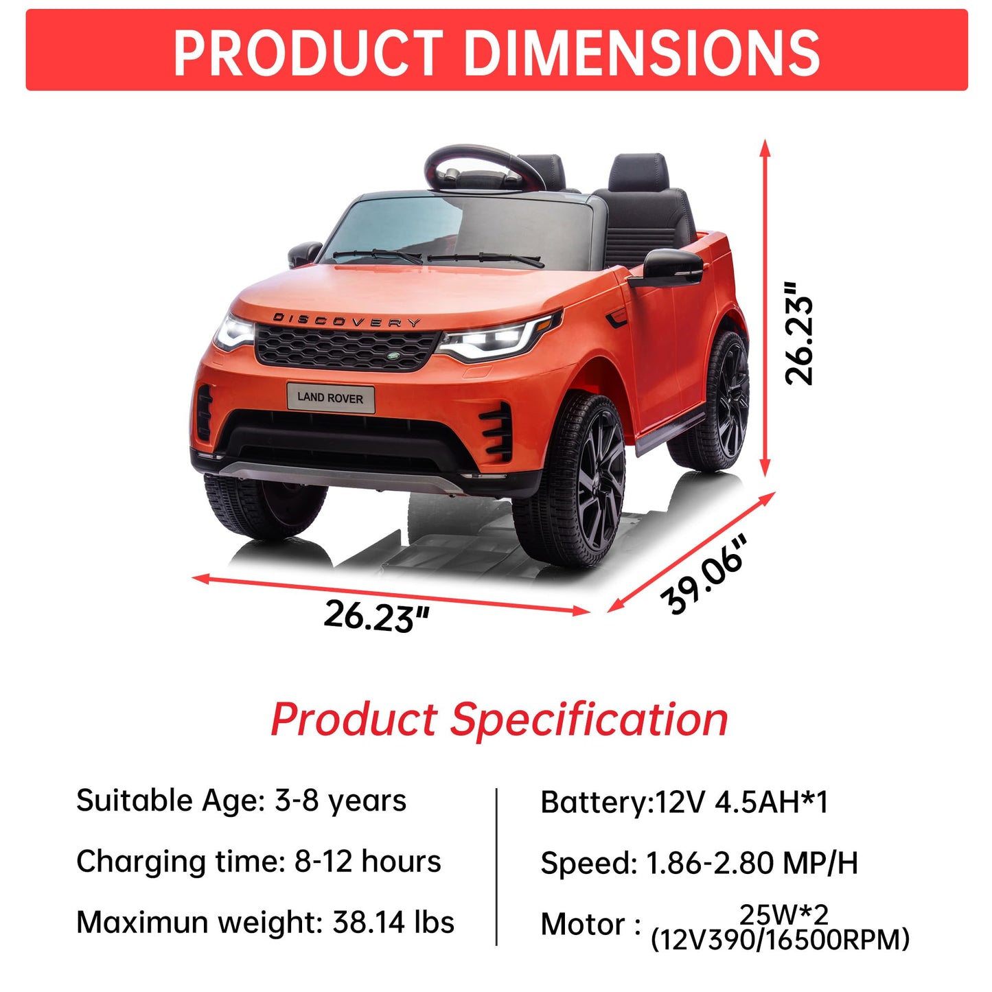 Garvee Ride P Series 12V Kids Ride On Car Land Rover Style Dual Motors 3 Speed Modes 4.5Ah Battery Safety Seatbelt Remote Control Black Outdoor Play - Red