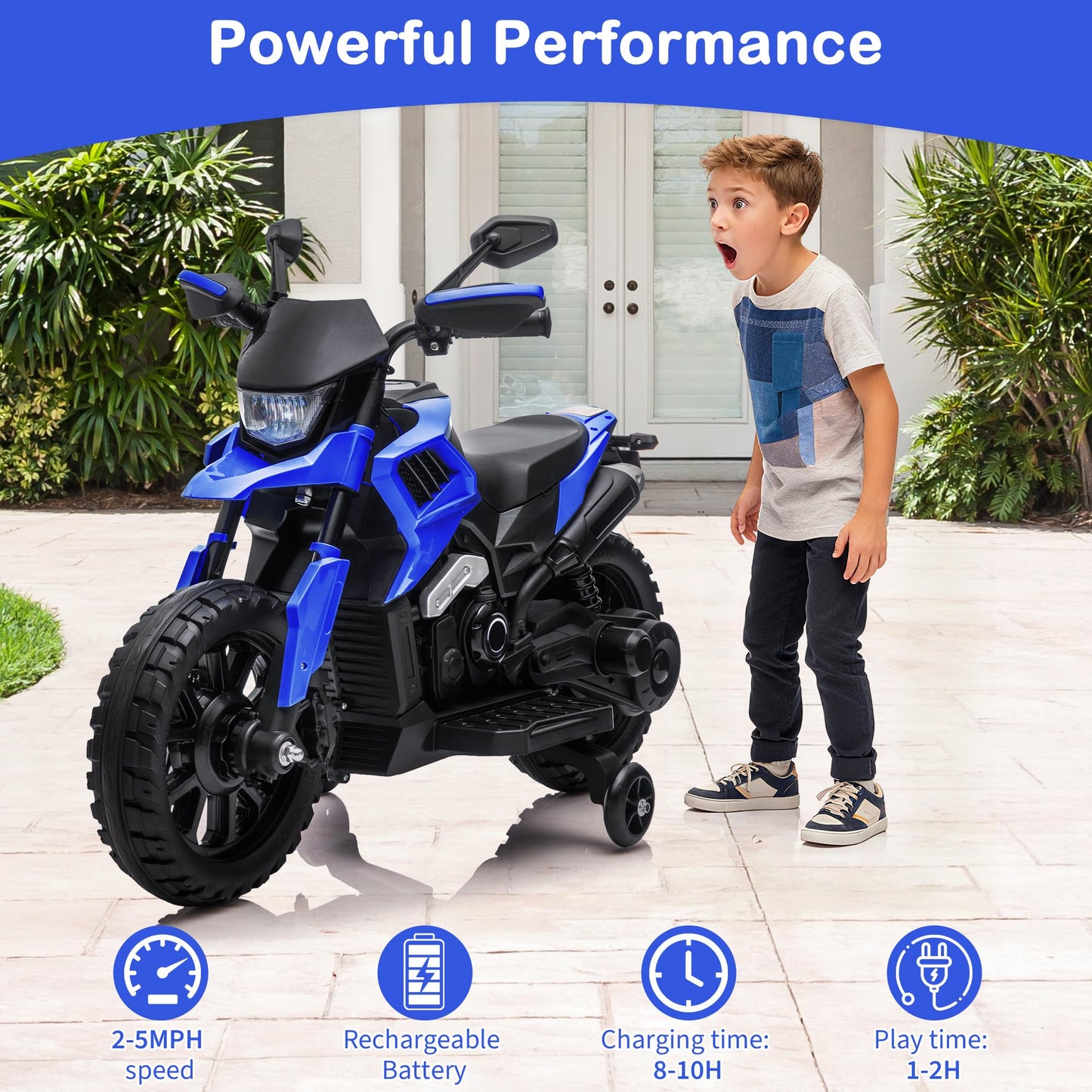 Garvee 6V Kids Electric Motorcycle with Training Wheels, Adjustable Speed 2-5 MPH, Durable Battery-Powered Ride-On Bike, Headlight & Music, Safe for Toddlers Outdoor Play