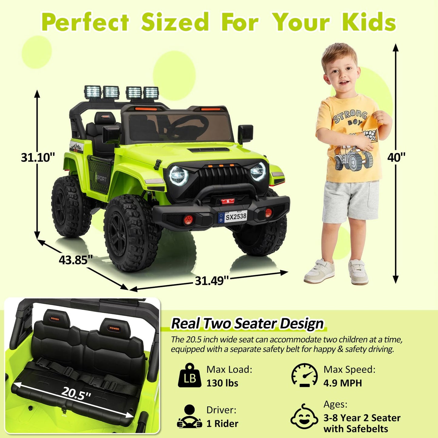Garvee Ride - P Series: 24V Electric Ride On Car for Kids 4WD 2-Seater Extendable Body Anti-Slip Tires LED Lights Parental Remote Ages 3-8 Outdoor Adventure