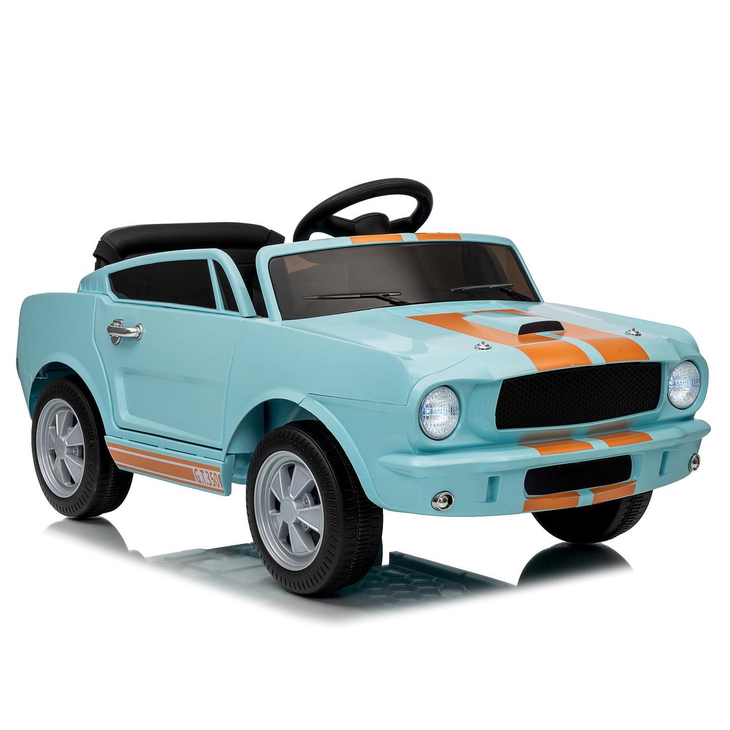 Garvee Ride - P Series: 12V Ride On Shelby GT350 Electric Car for Toddlers with Remote Control, 2 Speeds, Safety Belt, LED Lights, Music, Light Blue, Ages 3+, Indoor/Outdoor