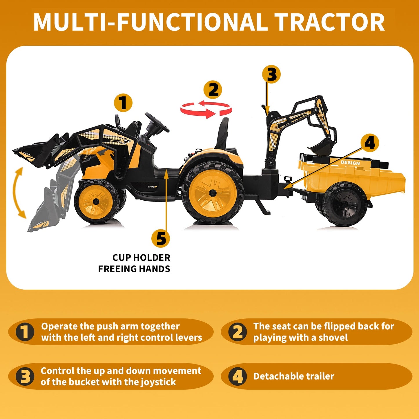Garvee Ride P Series 3-in-1 Ride-On Tractor, 24V Electric, Excavator & Bulldozer, Remote Control, LED, Music, USB/Bluetooth max 66 lbs - Bright-Yellow