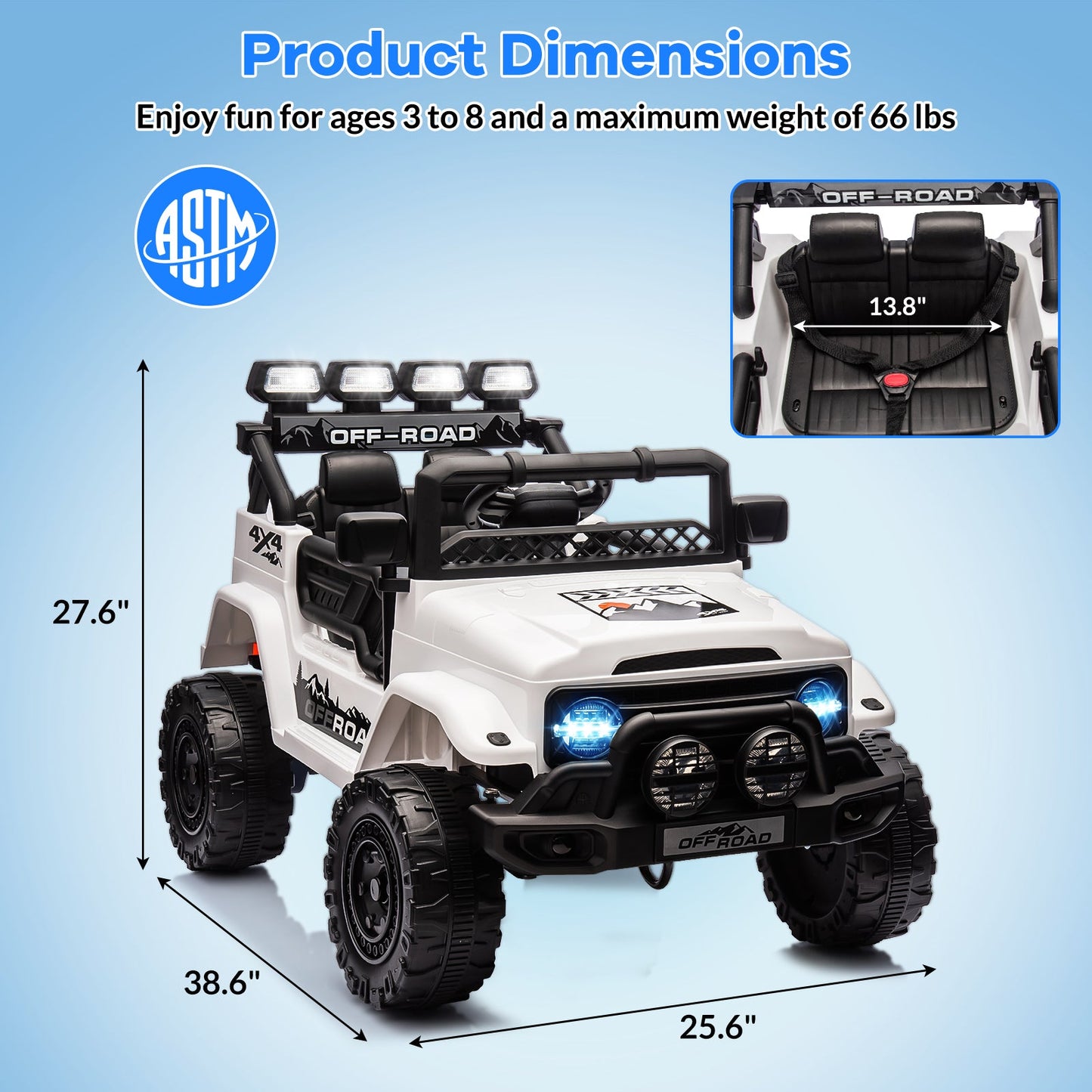 Garvee Ride - P Series: 12VElectric Ride on Truck Car For Kids Age 3+, Remote Control, Twin 25W Motors 3.1MPH Max Speed, Bluetooth USB Music Player, 4 Wheels Suspension LED Lights Safety Belt, Gift for Boy & Girl - White