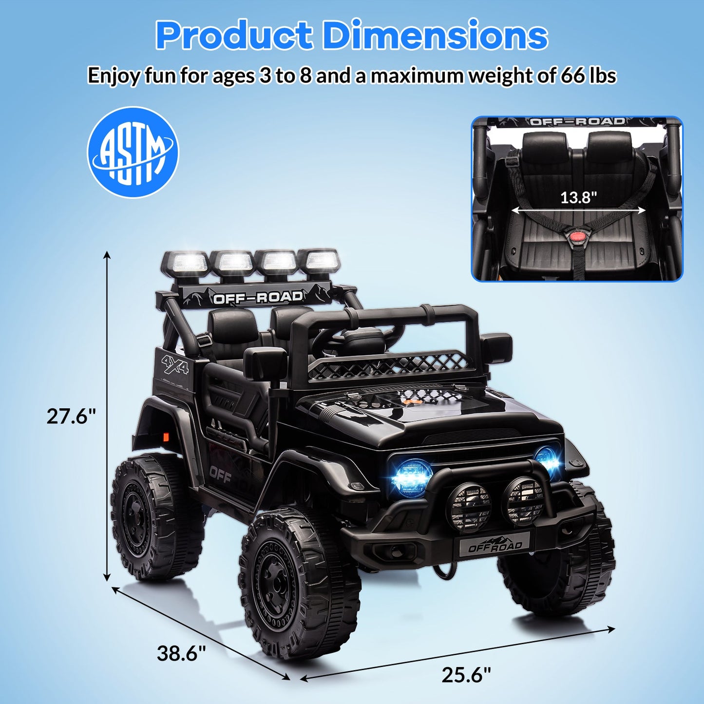 Garvee Ride - P Series: 12VElectric Ride on Truck Car For Kids Age 3+, Remote Control, Twin 25W Motors 3.1MPH Max Speed, Bluetooth USB Music Player, 4 Wheels Suspension LED Lights Safety Belt, Gift for Boy & Girl -Black