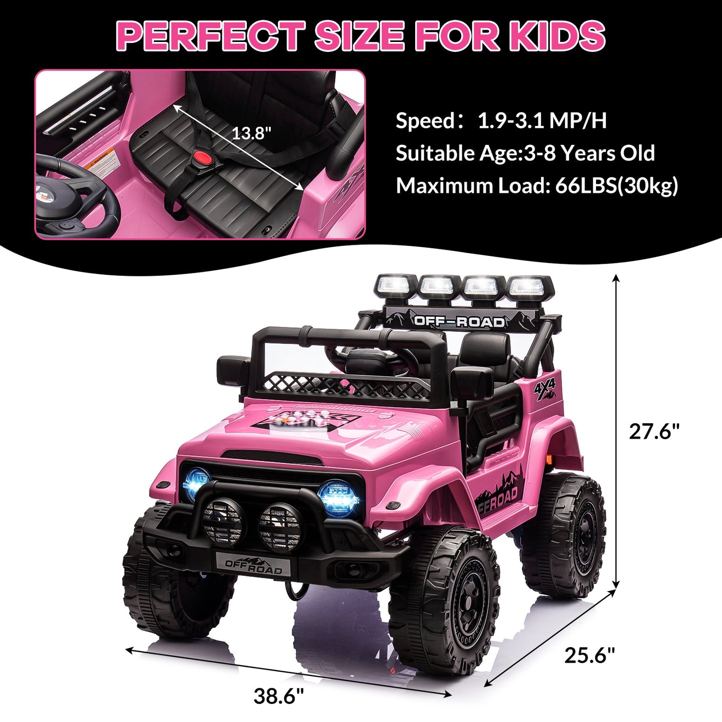 Garvee Ride - P Series: 12VElectric Ride on Truck Car For Kids Age 3+, Remote Control, Twin 25W Motors 3.1MPH Max Speed, Bluetooth USB Music Player, 4 Wheels Suspension LED Lights Safety Belt, Gift for Boy & Girl - Pink
