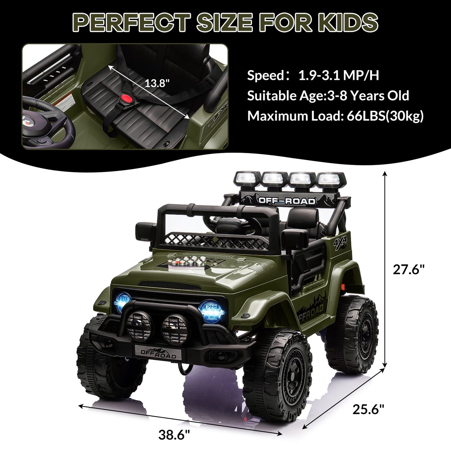 Garvee Ride - P Series: 12V Electric Ride on Truck Car For Kids Age 3+, Remote Control, Twin 25W Motors 3.1MPH Max Speed, Bluetooth USB Music Player, 4 Wheels Suspension LED Lights Safety Belt, Gift for Boy & Girl - Green
