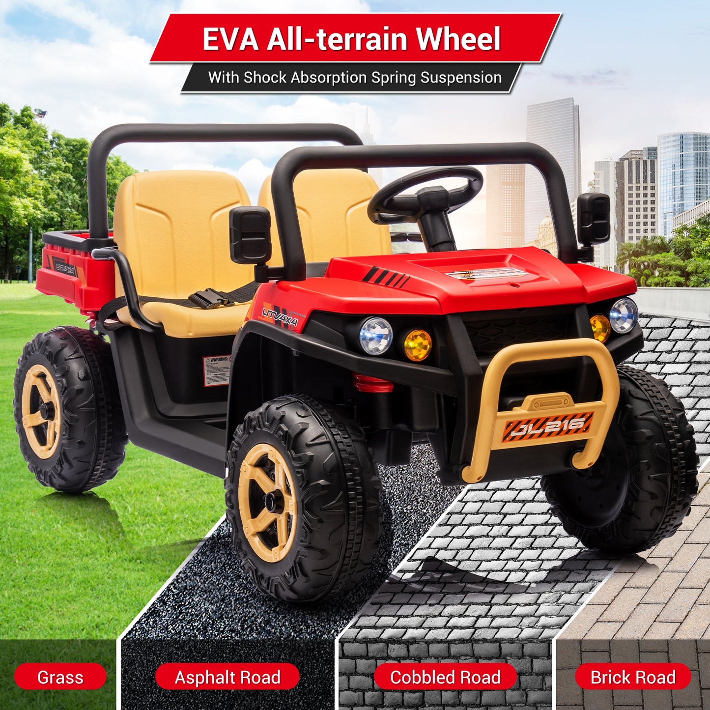 Garvee Ride - P Series: 24v Ride On Dump Truck, 2 Seater Electric Ride On Car Toy for Kids, Battery Powered UTV with 4x35W Motors, Shovel, Bluetooth, Remote Control, Music, LED Lights for Boys & Girls - Red