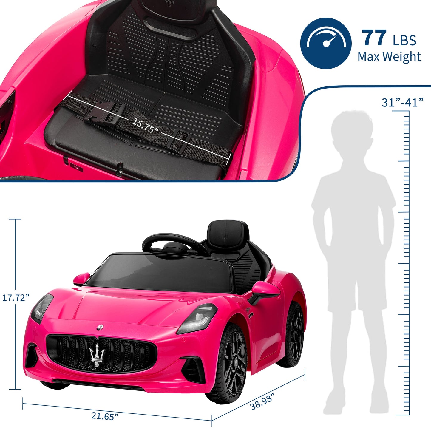 Garvee Ride - P Series: 12V Battery Powered Motorized Car for Kids with Remote Control, Spring Suspension, Double Doors, Bright Lights, 4 Wheel Electric Vehicle, Pink