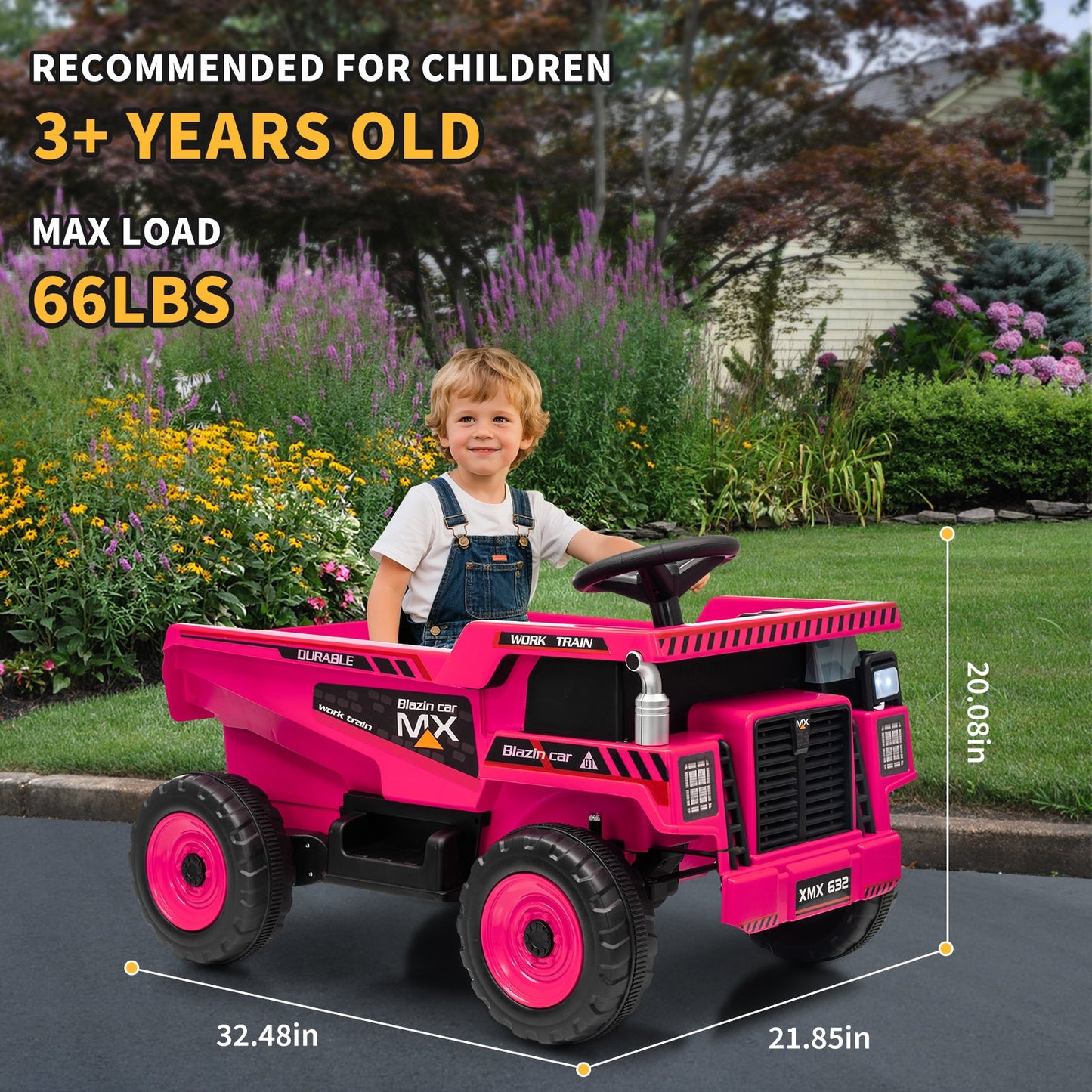 Garvee Ride - P Series: 12V Kids Ride On Dump Truck Electric Car Toy with Remote Control, Auto Dump Bed & Shovel, Durable Plastic, LED Lights & Music, Rose Red, Outdoor Play for Toddlers