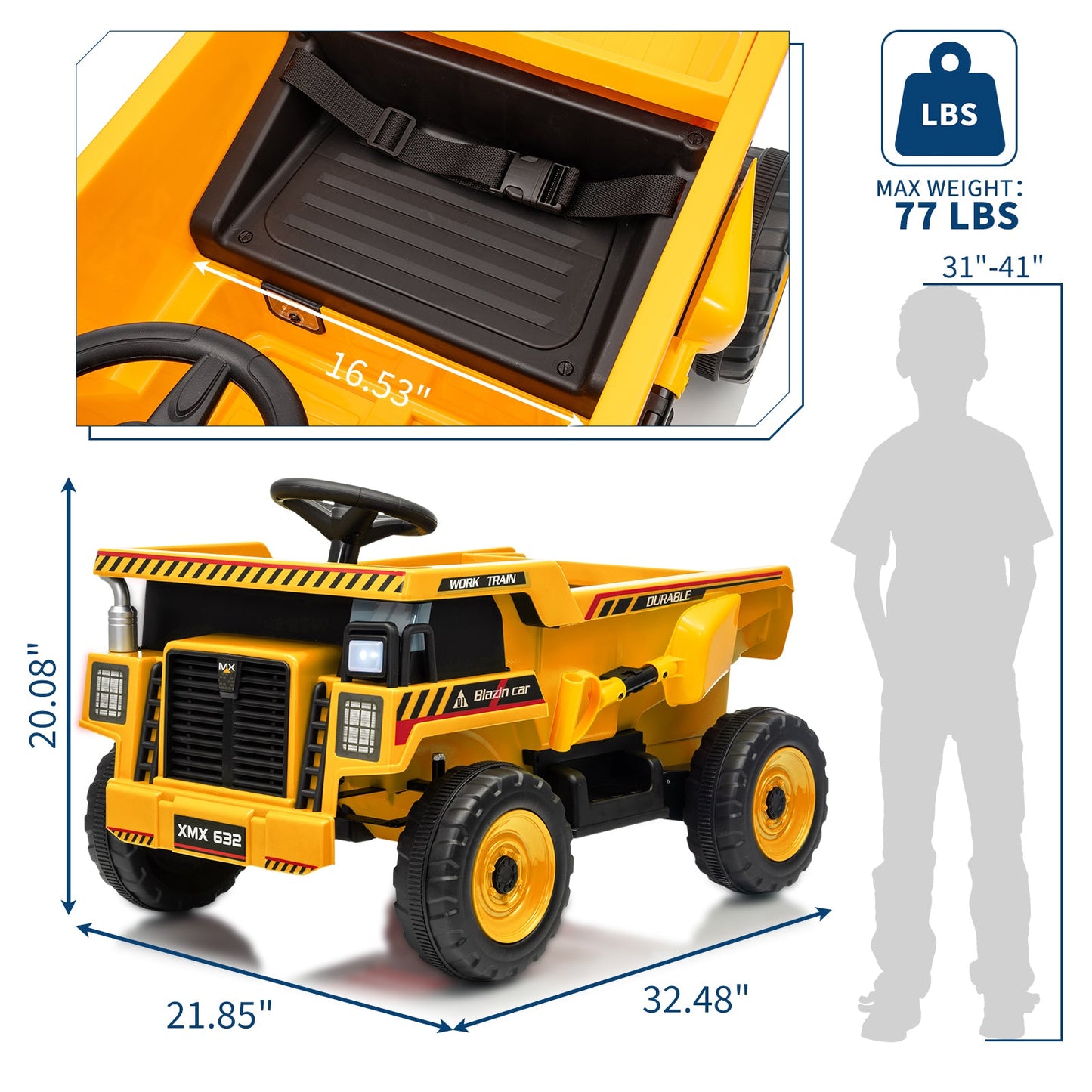 Garvee Ride - P Series: 12V Ride On Dump Truck for Kids with Remote Control & Electric Dump Bed, Durable PP Plastic, Spacious 16.5" Seat, Music, Headlights, Soft Start, Yellow, Outdoor Play