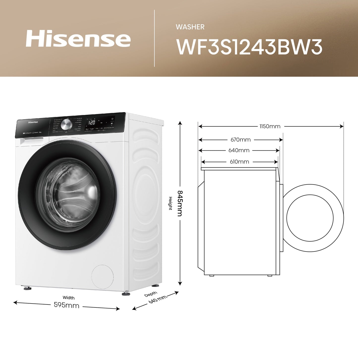 Hisense 3S Series WF3S1243BW3 WiFi-enabled 12kg 1400 Spin Washing Machine White - A Rated