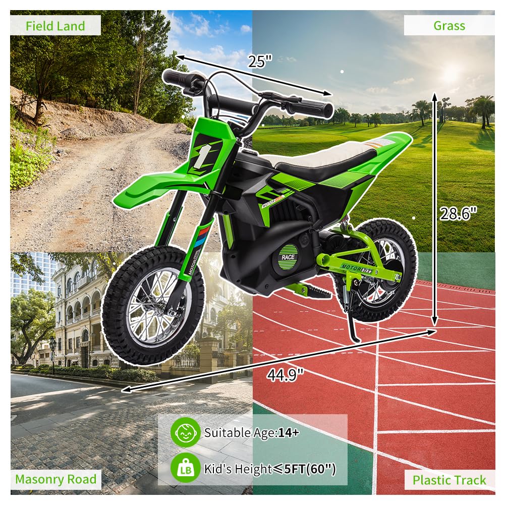 Garvee Ride - T Series: 24V Kids Electric Dirt Motorcycle for Kids Ages 13+, 250W Electric Off-Road Motorcycle,Up to 13.6MPH, Twist Grip Throttle,Metal Suspension,Air-Filled Tires,Leather Seat - Green