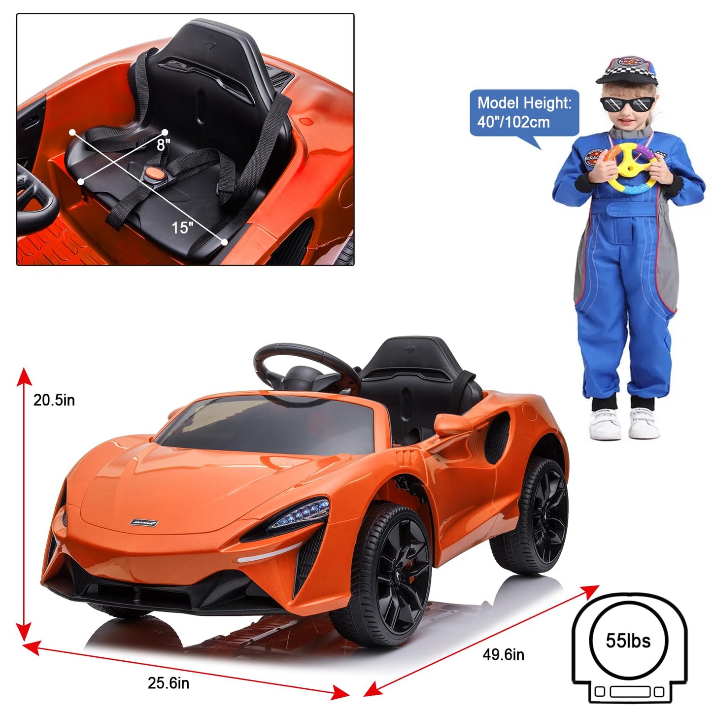 Garvee Ride - P Series: 12V Kids Ride on Car, Licensed Mclaren Battery Powered Electric Car with Remote Control, 3 Speeds, Bluetooth Music, Horn, LED Lights, 4-Wheel Ride on Toys - Orange