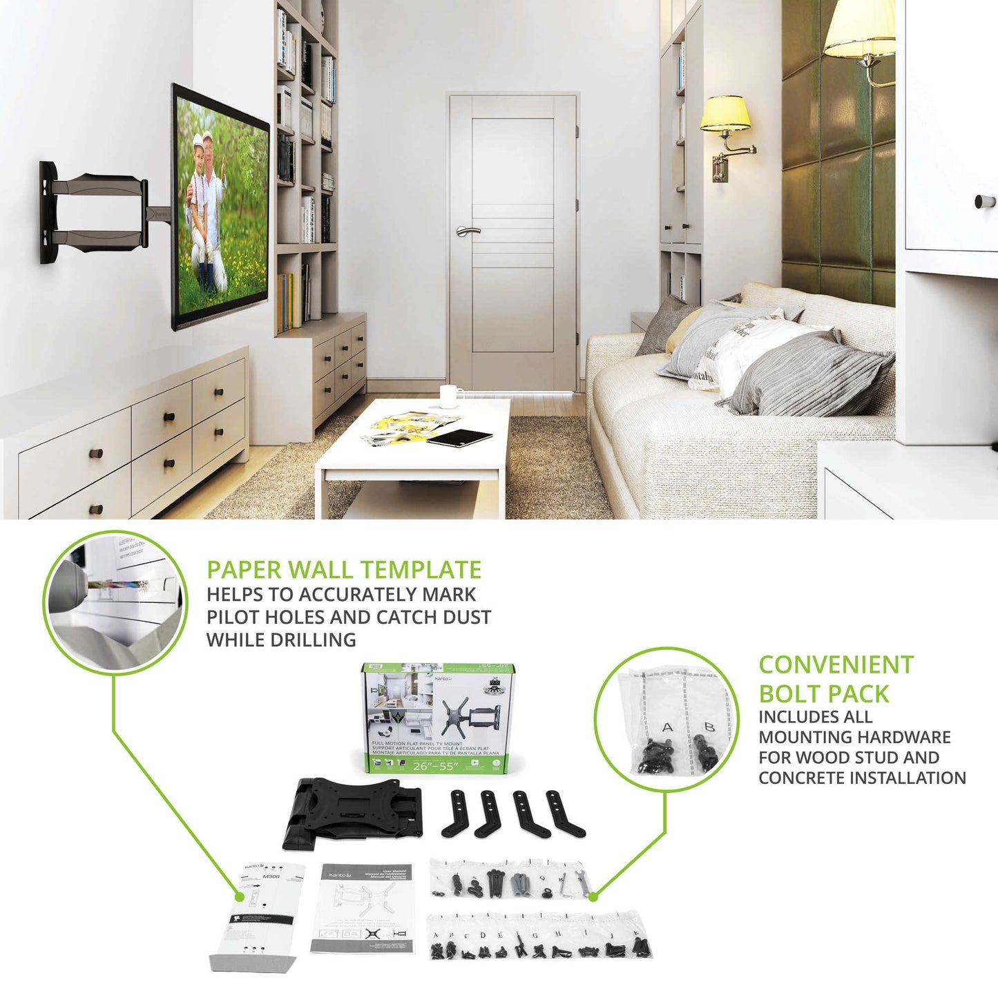 Kanto M300 Full Motion Wall Mount for 26-55 inch TVs Black
