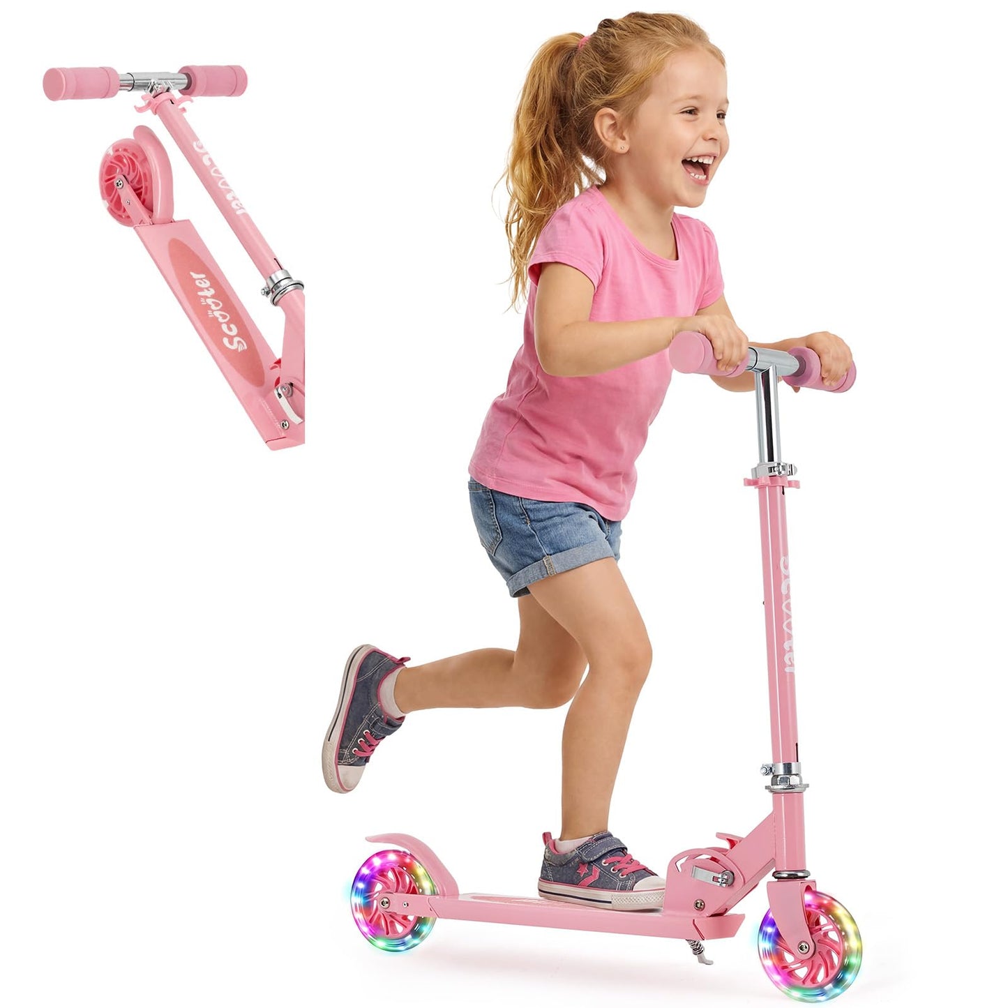 Garvee Kick Scooter for Kids with LED RGB Lighted Wheels, Lightweight & Detachable, Aluminum Frame, Anti-Slip Deck, Adjustable Handlebars, Pink, Ages 3+
