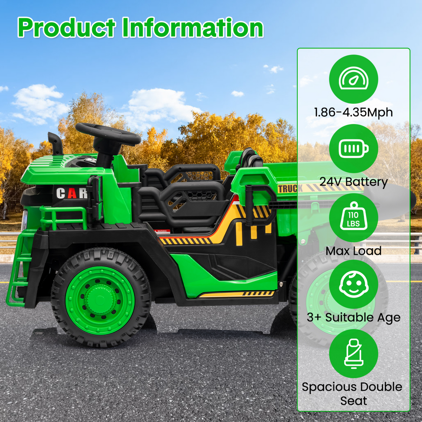 Garvee Ride - P Series: 24V Ride On Dump Truck, 2 Seater Electric Cars for Kids with Remote Control, Dump Bed, Shovel, Music, Led, Wheel Shock Absorption,Ride On Construction Vehicle Four- for Kids 3+,Green