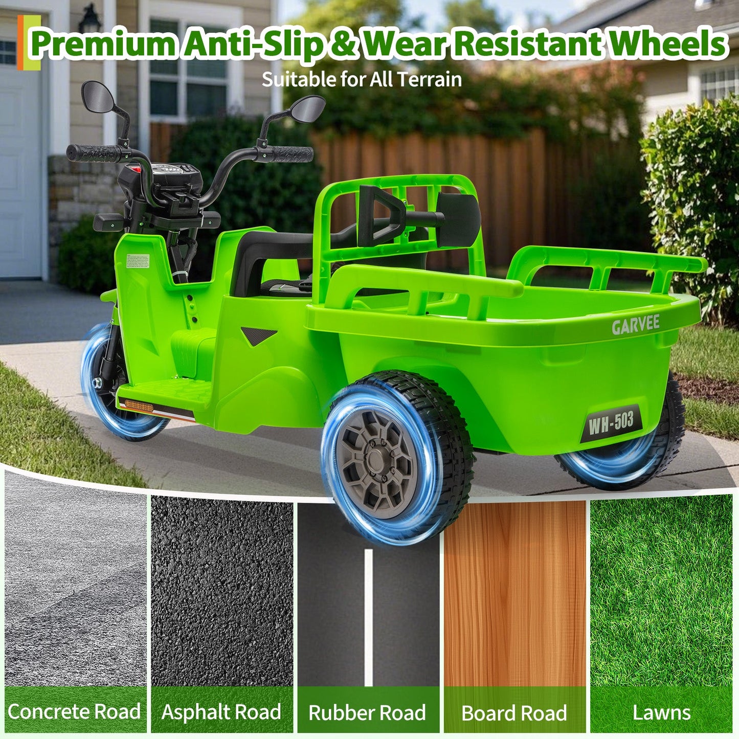 Garvee Ride P Series 3-Wheels Electric Tricycle w/Trailer, 12V Battery Powered Kids Motorcycle with Sand Shovel, 2x55W Motors, Bluetooth, Music, Headlight, Ride on Motorcycle for Kids Toddlers, Gift for Boys Girls, Green