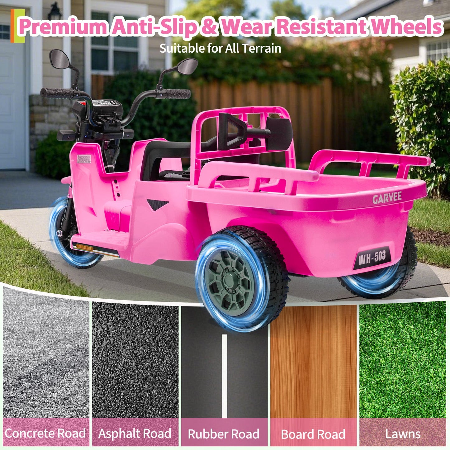 Garvee Ride P Series 3-Wheels Electric Tricycle w/Trailer, 12V Battery Powered Kids Motorcycle with Sand Shovel, 2x55W Motors, Bluetooth, Music, Headlight, Ride on Motorcycle for Kids Toddlers, Gift for Boys Girls, Pink