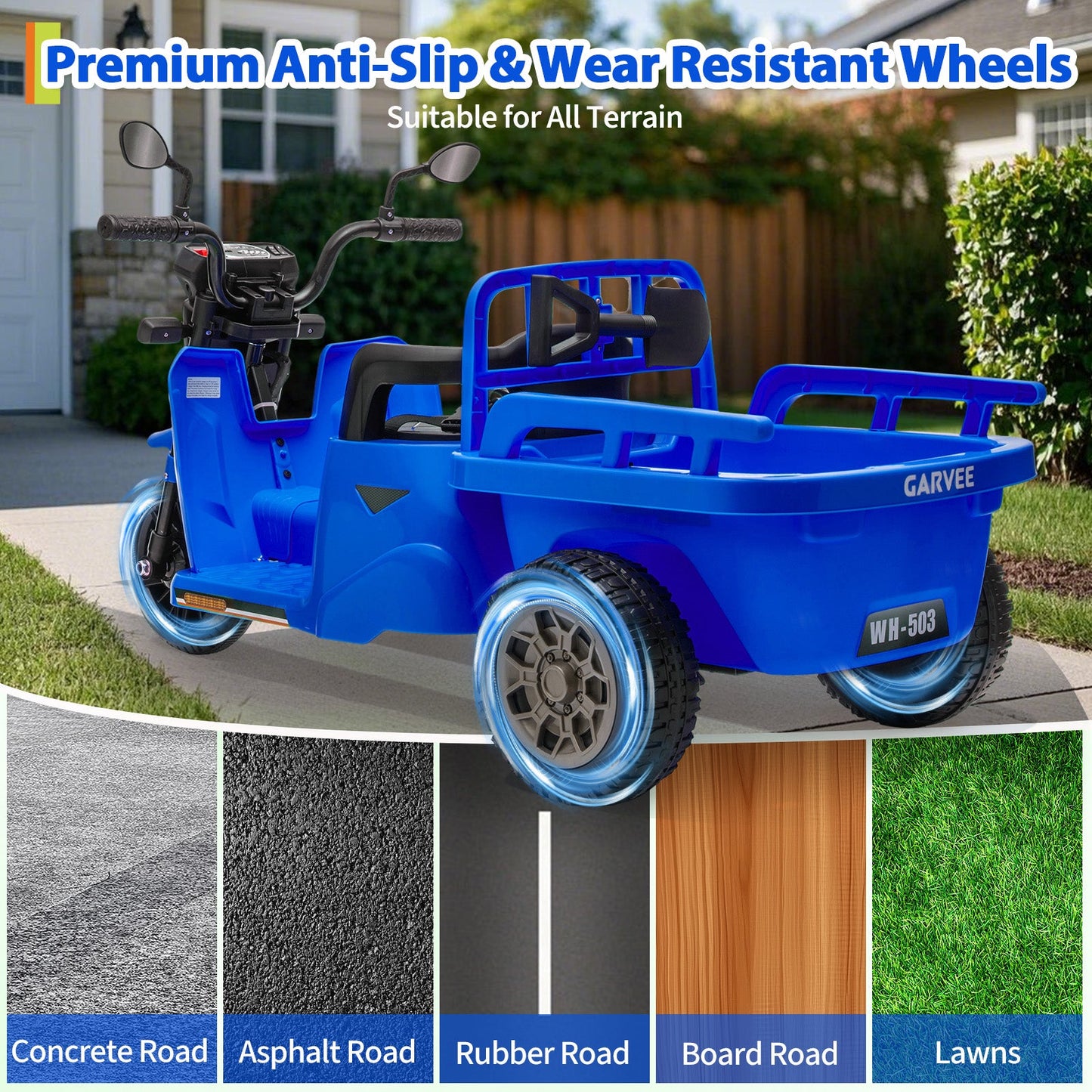 Garvee Ride P Series 3-Wheels Electric Tricycle w/Trailer, 12V Battery Powered Kids Motorcycle with Sand Shovel, 2x55W Motors, Bluetooth, Music, Headlight, Ride on Motorcycle for Kids Toddlers, Gift for Boys Girls, Dark Blue