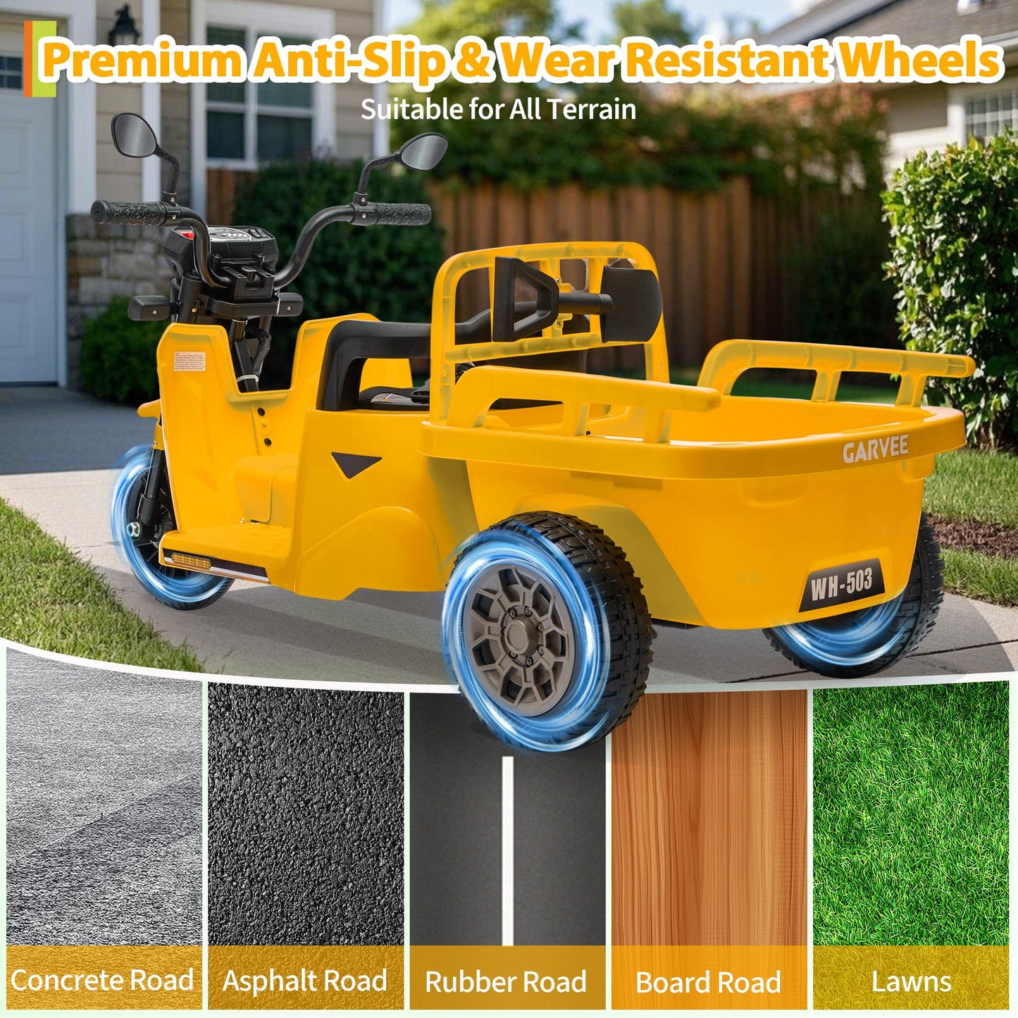 Garvee Ride P Series 3-Wheels Electric Tricycle w/Trailer, 12V Battery Powered Kids Motorcycle with Sand Shovel, 2x55W Motors, Bluetooth, Music, Headlight, Ride on Motorcycle for Kids Toddlers, Gift for Boys Girls, Yellow