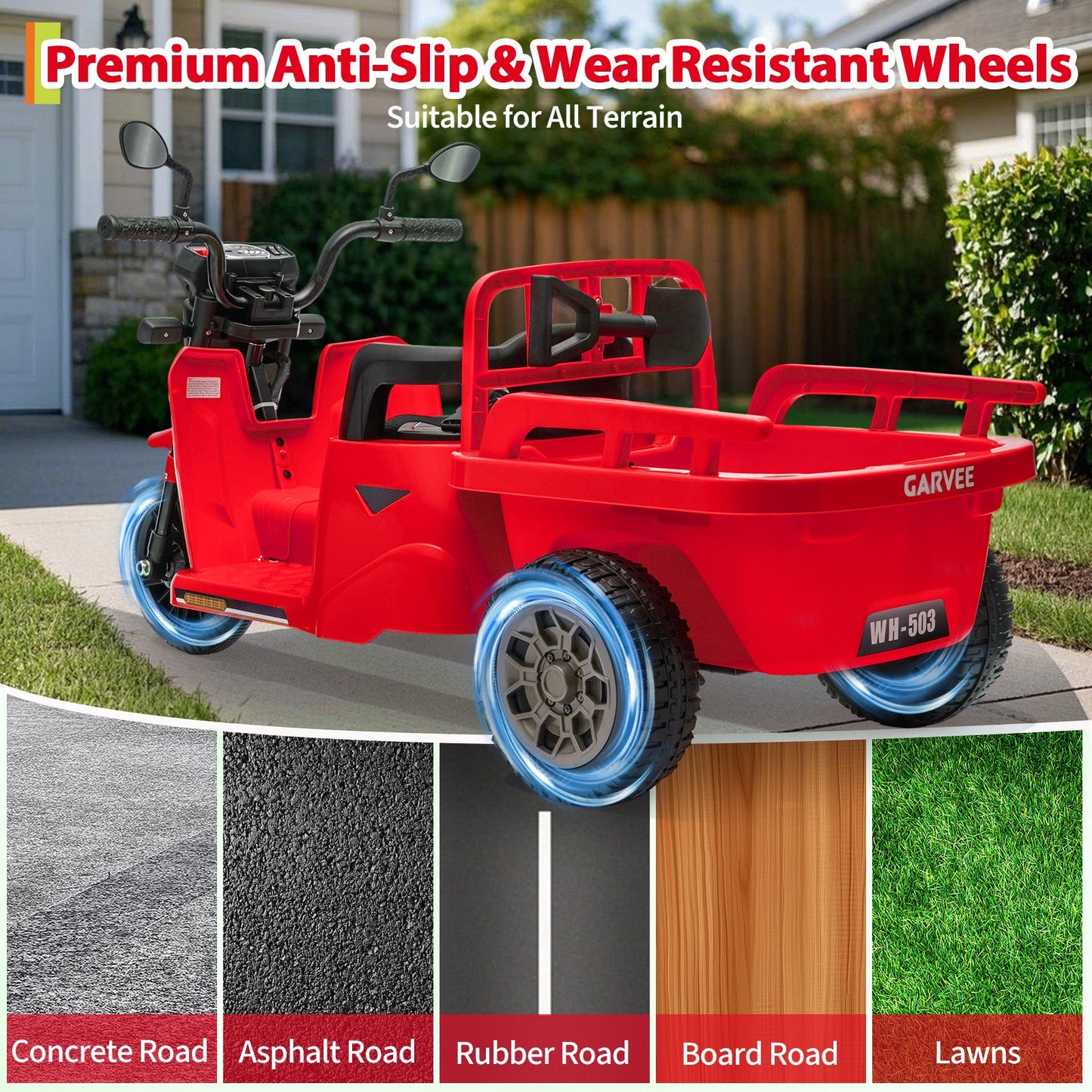 Garvee Ride P Series 3-Wheels Electric Tricycle w/Trailer, 12V Battery Powered Kids Motorcycle with Sand Shovel, 2x55W Motors, Bluetooth, Music, Headlight, Ride on Motorcycle for Kids Toddlers, Gift for Boys Girls,  Red