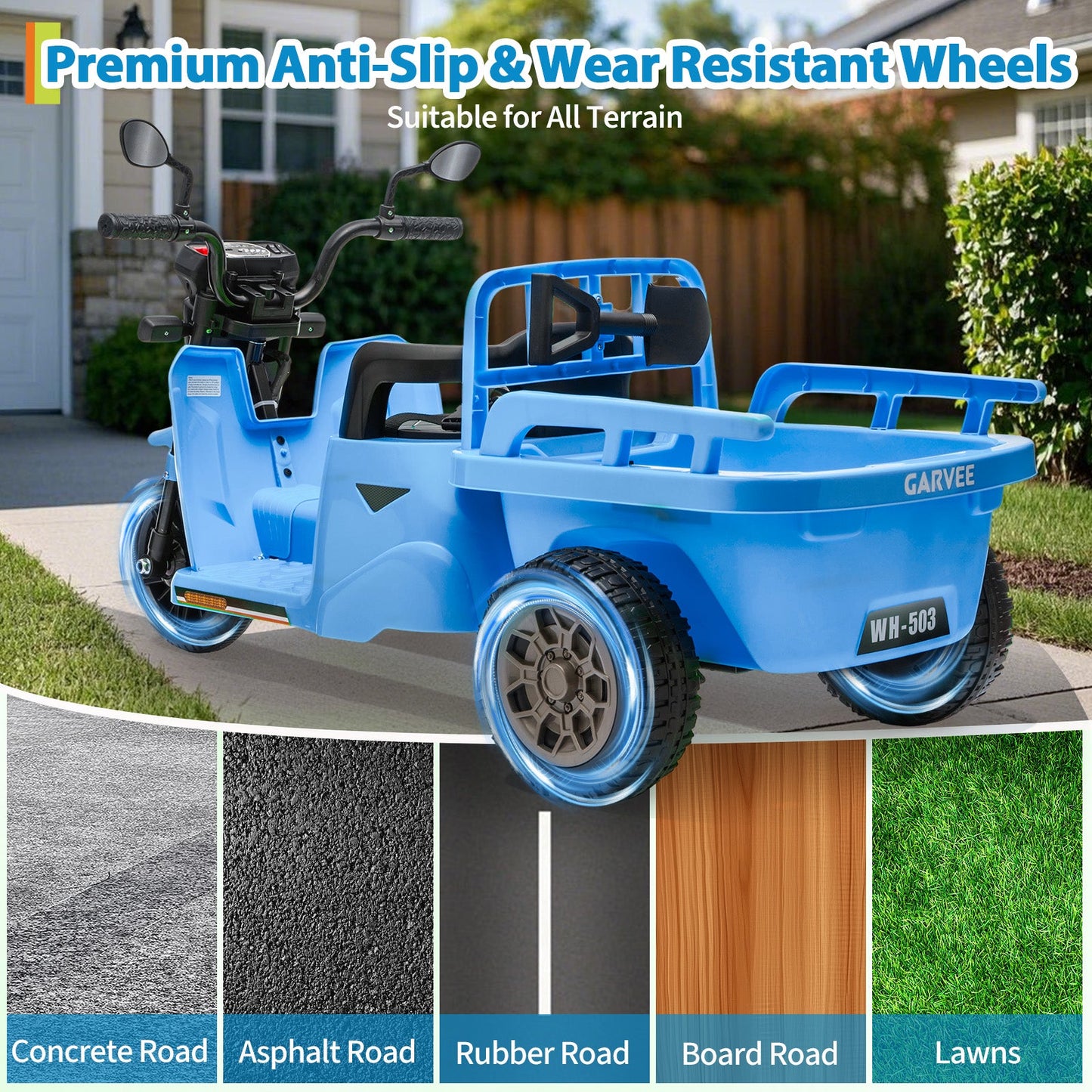 Garvee Ride P Series 3-Wheels Electric Tricycle w/Trailer, 12V Battery Powered Kids Motorcycle with Sand Shovel, 2x55W Motors, Bluetooth, Music, Headlight, Ride on Motorcycle for Kids Toddlers, Gift for Boys Girls, Light Blue