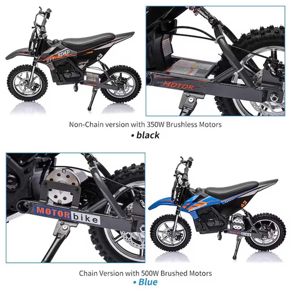 Garvee Ride - T Series: 36V Kids Electric Dirt Bike, 350W/15.5MPH Brushless Motor, LED, Comfortable Leather Seat, 175lbs Max Load Capacity- Black