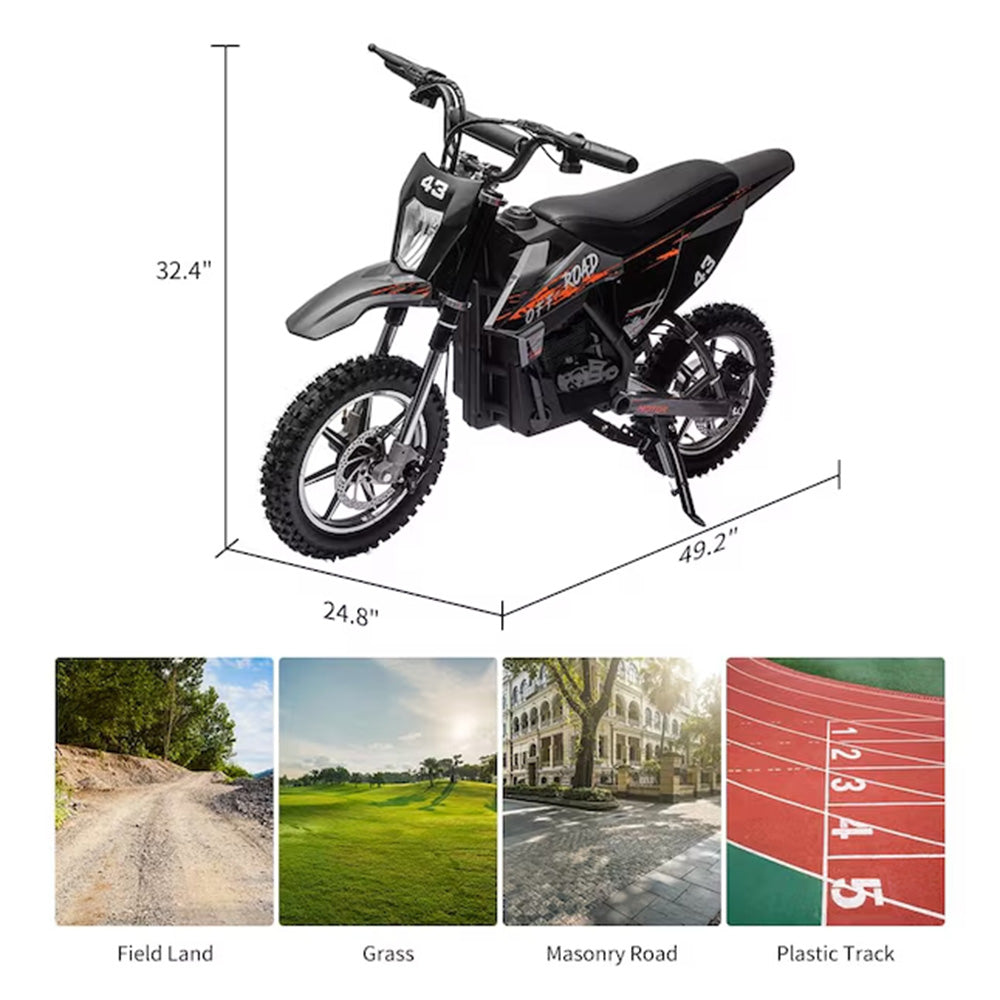 Garvee Ride - T Series: 36V Kids Electric Dirt Bike, 350W/15.5MPH Brushless Motor, LED, Comfortable Leather Seat, 175lbs Max Load Capacity- Black