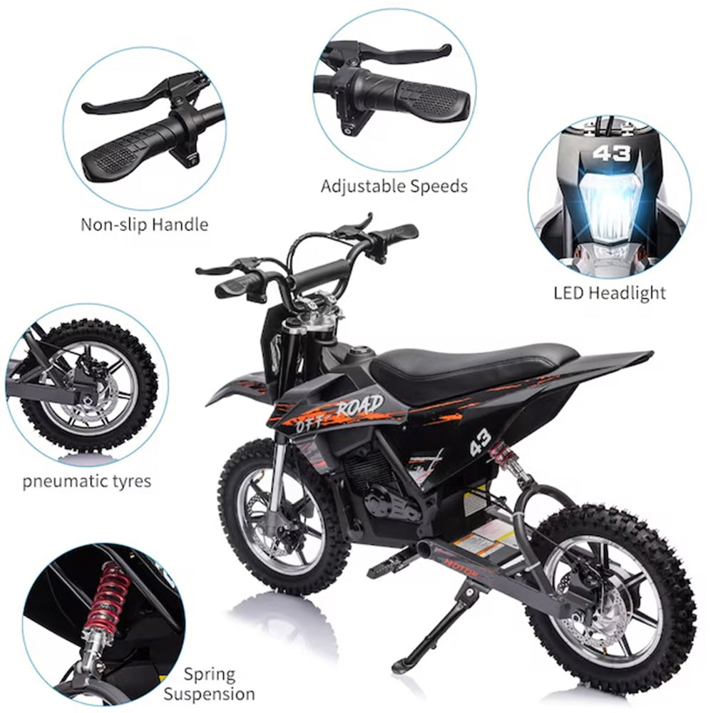 Garvee Ride - T Series: 36V Kids Electric Dirt Bike, 350W/15.5MPH Brushless Motor, LED, Comfortable Leather Seat, 175lbs Max Load Capacity- Black