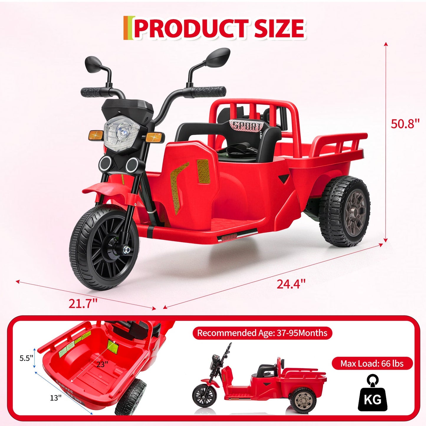 Garvee Ride P Series 3-Wheels Electric Tricycle w/Trailer, 12V Battery Powered Kids Motorcycle with Sand Shovel, 2x55W Motors, Bluetooth, Music, Headlight, Ride on Motorcycle for Kids Toddlers, Gift for Boys Girls,  Red