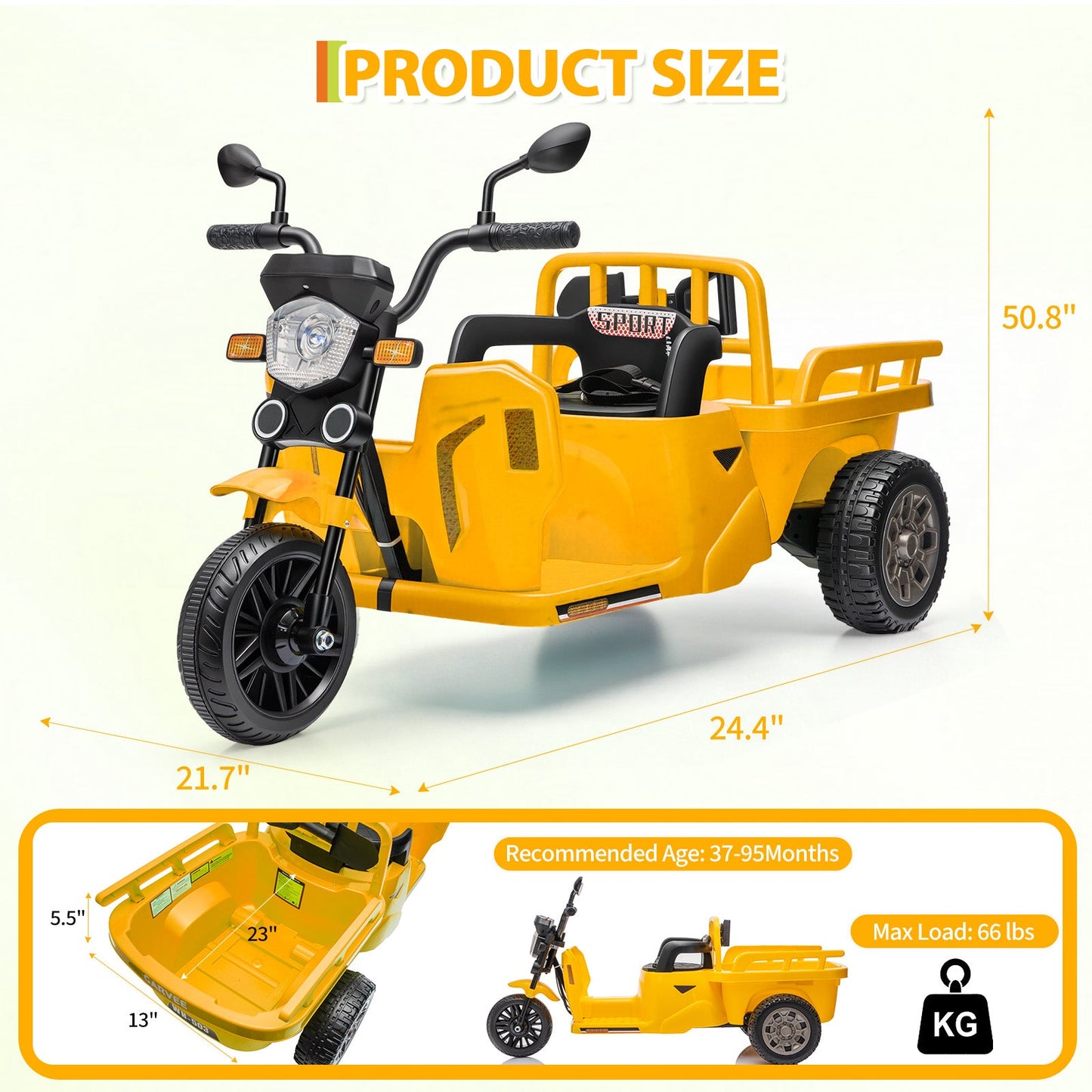 Garvee Ride P Series 3-Wheels Electric Tricycle w/Trailer, 12V Battery Powered Kids Motorcycle with Sand Shovel, 2x55W Motors, Bluetooth, Music, Headlight, Ride on Motorcycle for Kids Toddlers, Gift for Boys Girls, Yellow