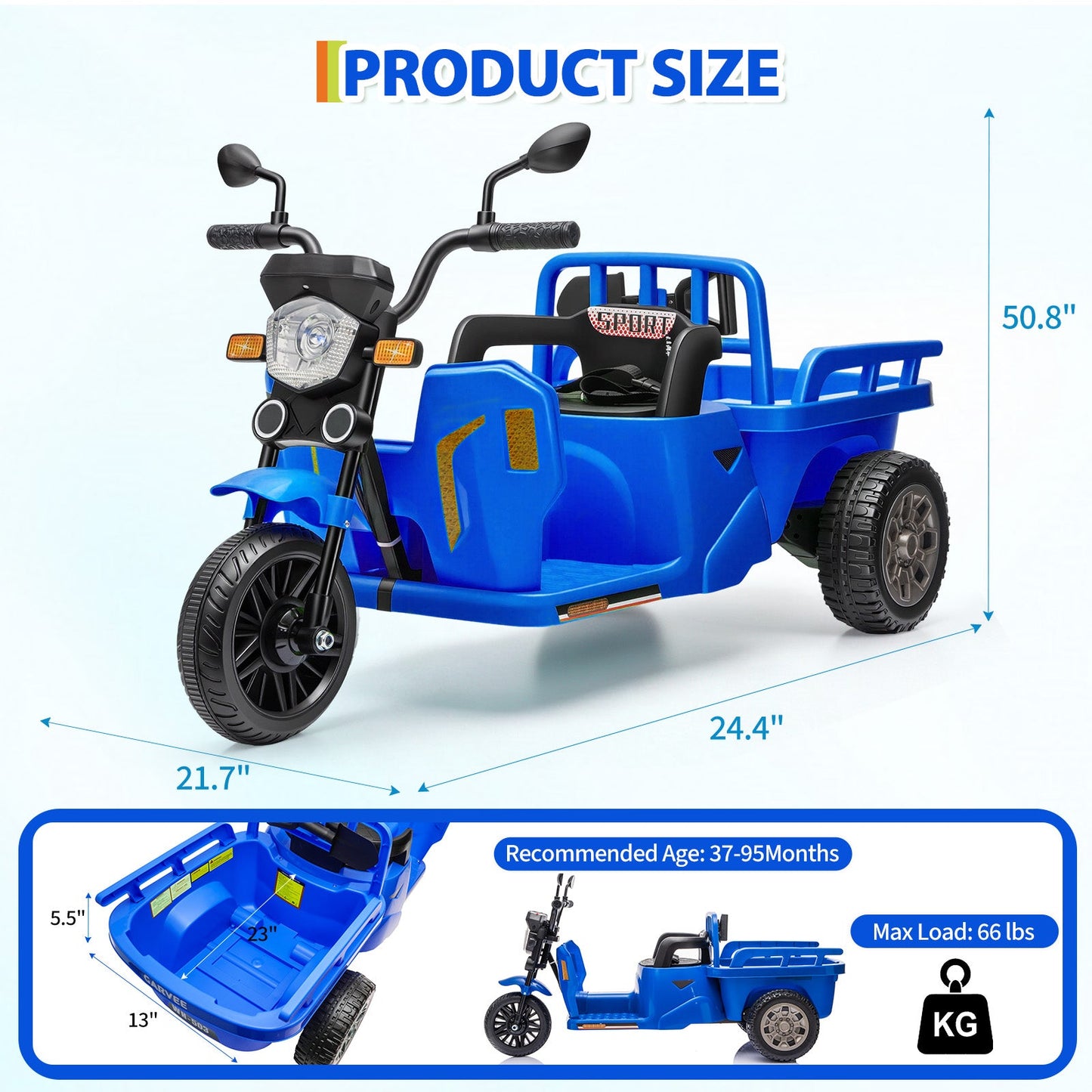 Garvee Ride P Series 3-Wheels Electric Tricycle w/Trailer, 12V Battery Powered Kids Motorcycle with Sand Shovel, 2x55W Motors, Bluetooth, Music, Headlight, Ride on Motorcycle for Kids Toddlers, Gift for Boys Girls, Dark Blue