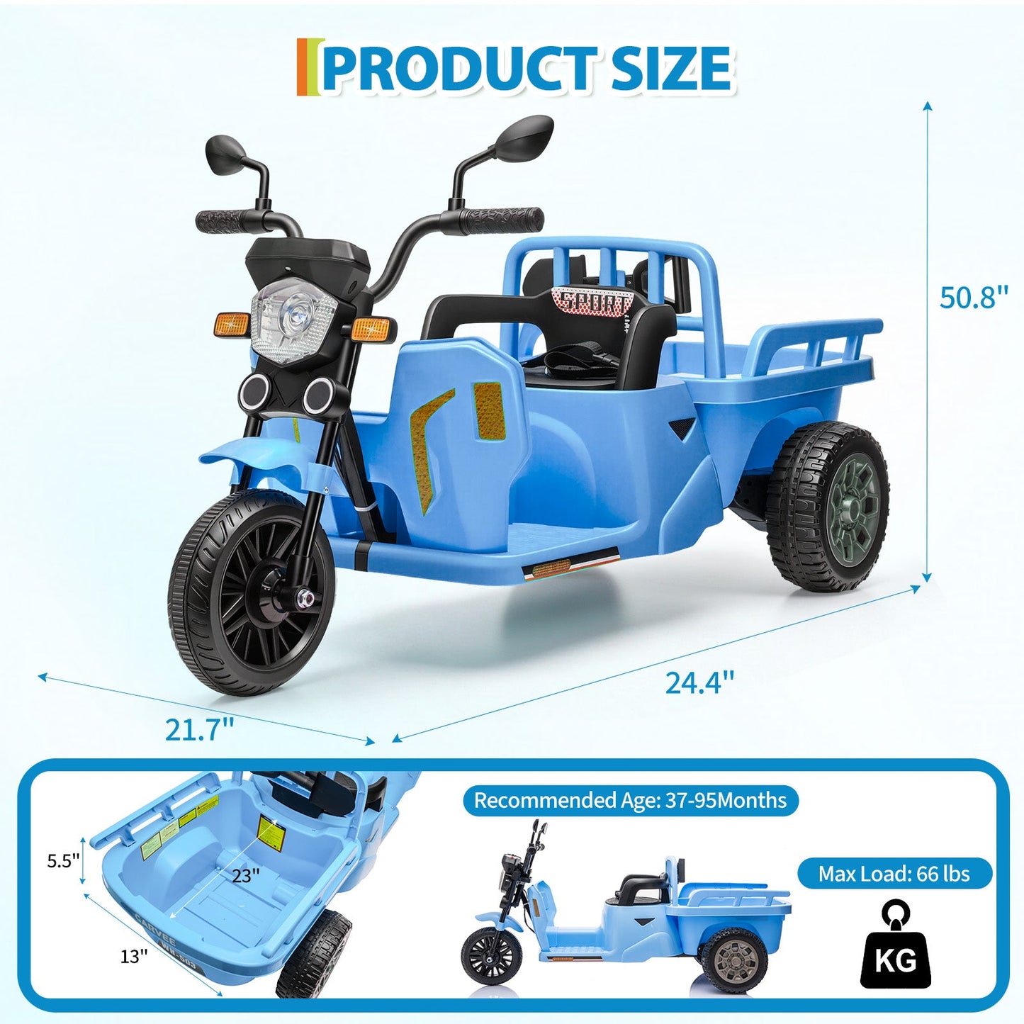 Garvee Ride P Series 3-Wheels Electric Tricycle w/Trailer, 12V Battery Powered Kids Motorcycle with Sand Shovel, 2x55W Motors, Bluetooth, Music, Headlight, Ride on Motorcycle for Kids Toddlers, Gift for Boys Girls, Light Blue
