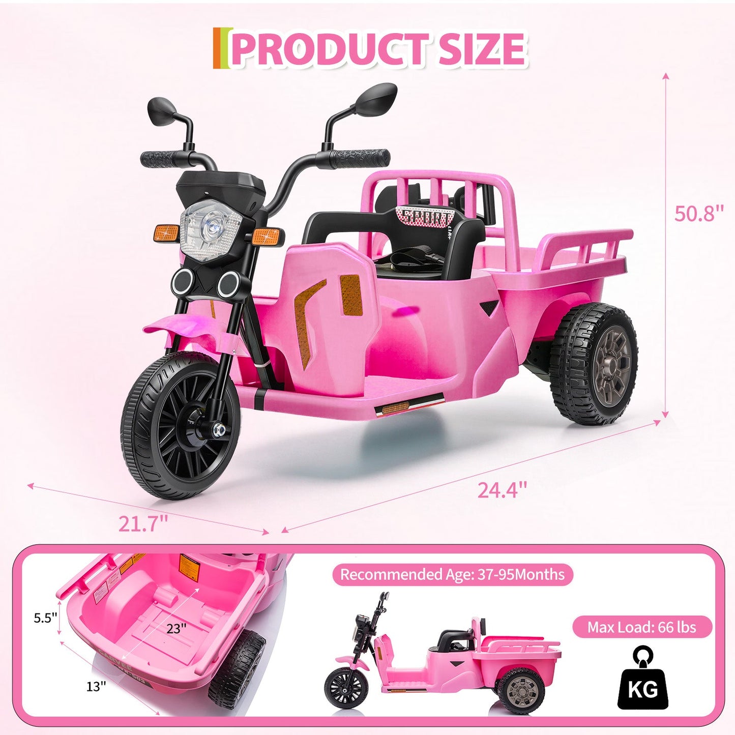 Garvee Ride P Series 3-Wheels Electric Tricycle w/Trailer, 12V Battery Powered Kids Motorcycle with Sand Shovel, 2x55W Motors, Bluetooth, Music, Headlight, Ride on Motorcycle for Kids Toddlers, Gift for Boys Girls, Pink