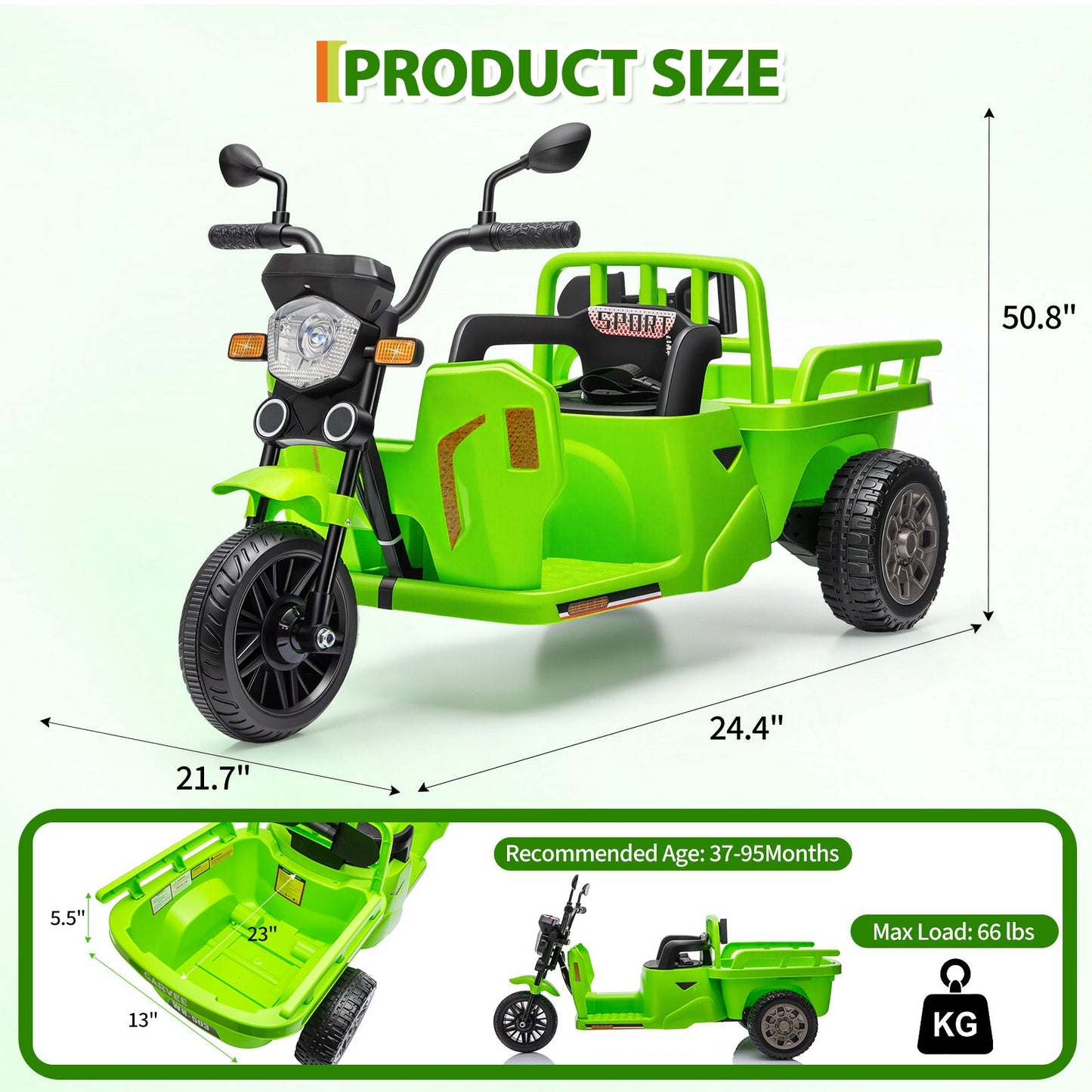 Garvee Ride P Series 3-Wheels Electric Tricycle w/Trailer, 12V Battery Powered Kids Motorcycle with Sand Shovel, 2x55W Motors, Bluetooth, Music, Headlight, Ride on Motorcycle for Kids Toddlers, Gift for Boys Girls, Green
