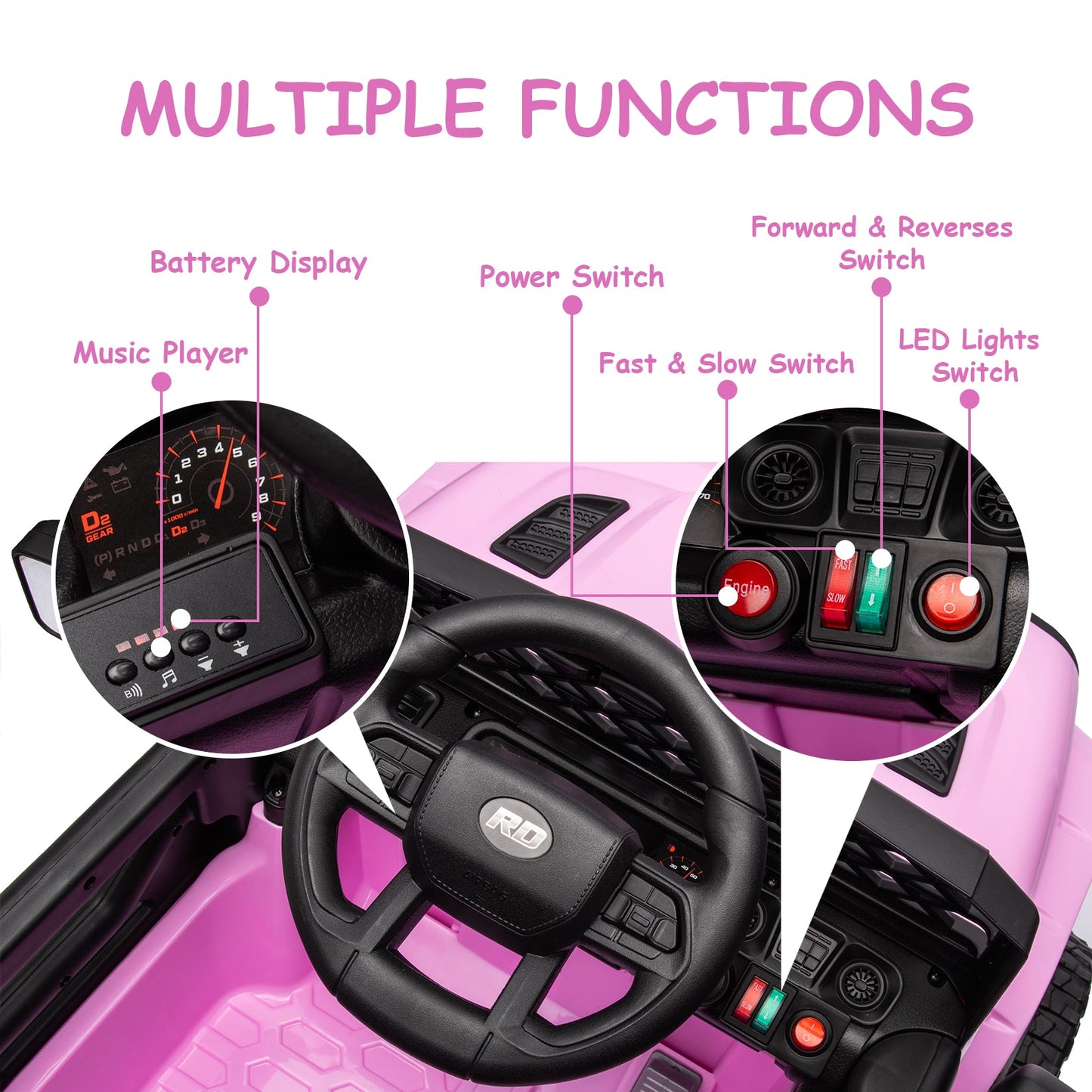 Garvee Ride - P Series: 12V Kids Ride On Truck for Toddles age 3+,with 2.4G Remote Control, Spring Suspension, Battery Display, LED Lights, Music, Battery Powered Ride on Car - Pink