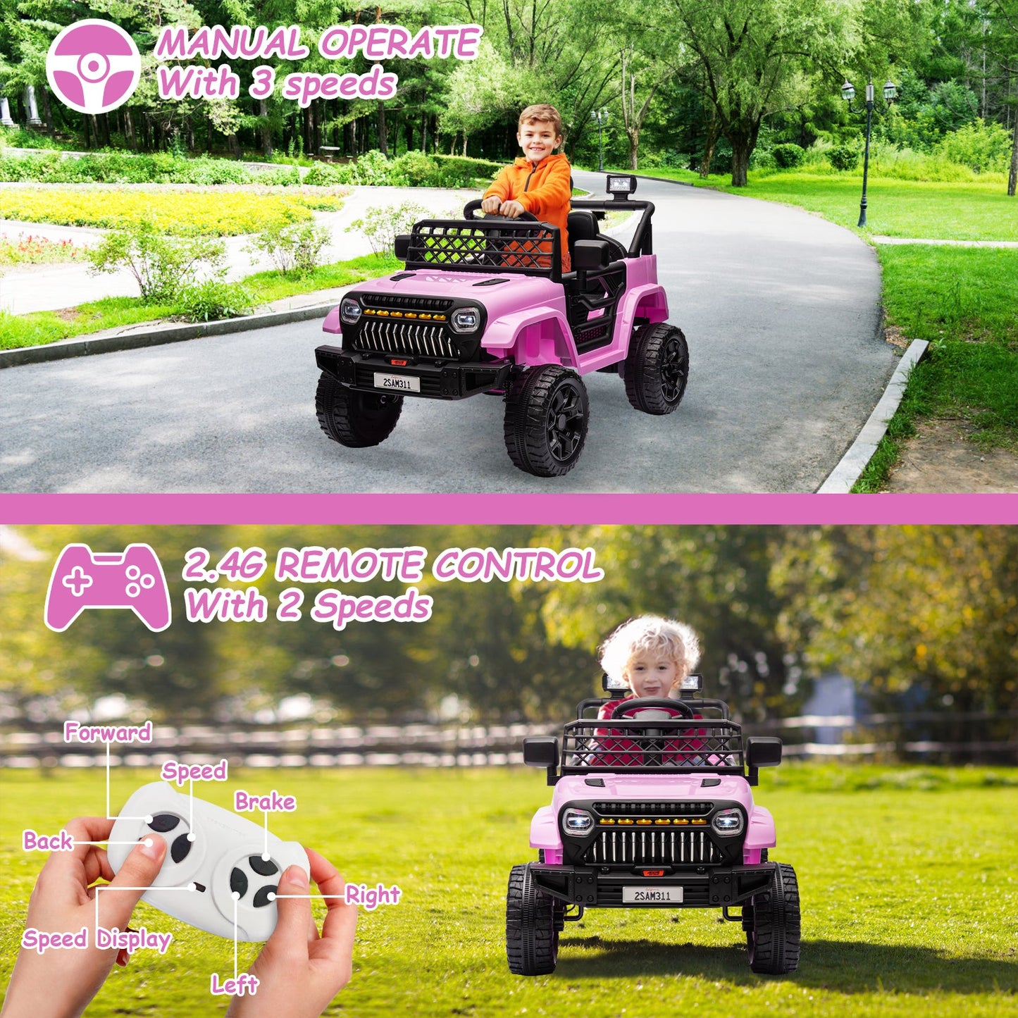 Garvee Ride - P Series: 12V Kids Ride On Truck for Toddles age 3+,with 2.4G Remote Control, Spring Suspension, Battery Display, LED Lights, Music, Battery Powered Ride on Car - Pink