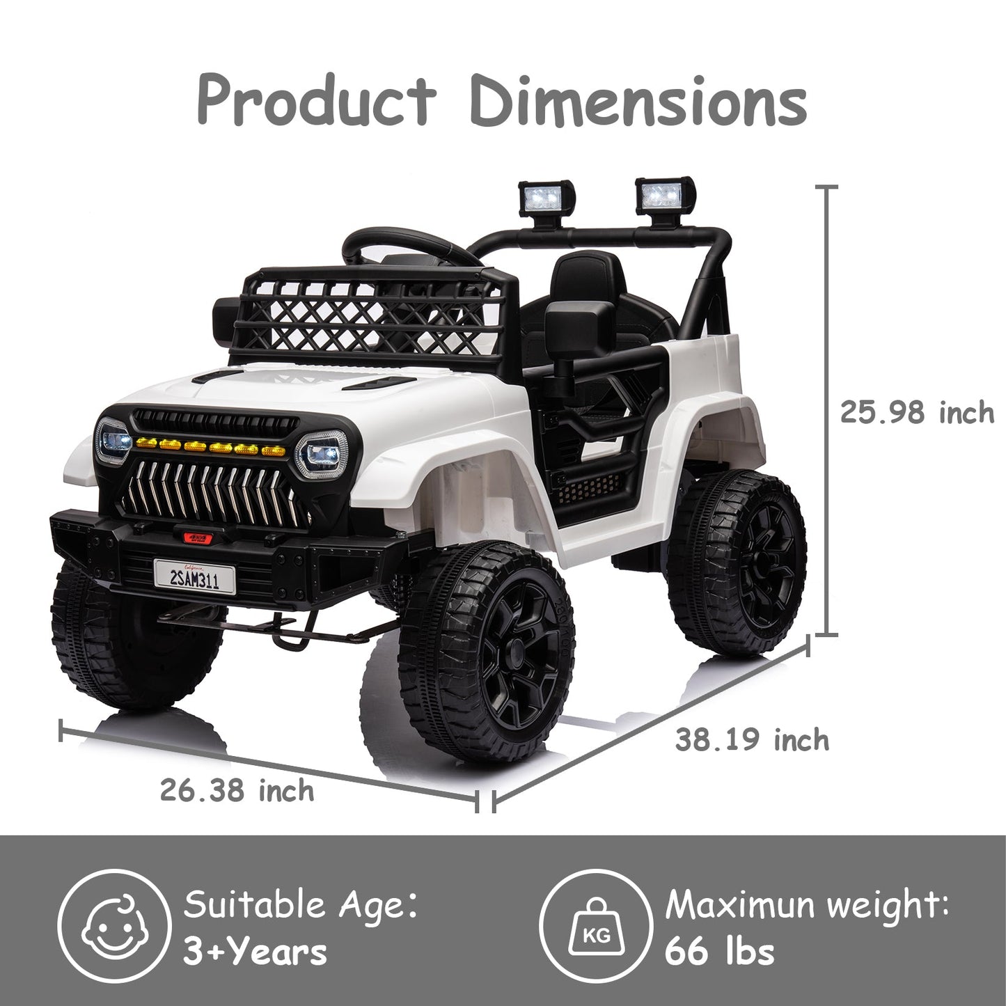 Garvee Ride - P Series: 12V Kids Ride On Truck for Toddles age 3+,with 2.4G Remote Control, Spring Suspension, Battery Display, LED Lights, Music, Battery Powered Ride on Car - White