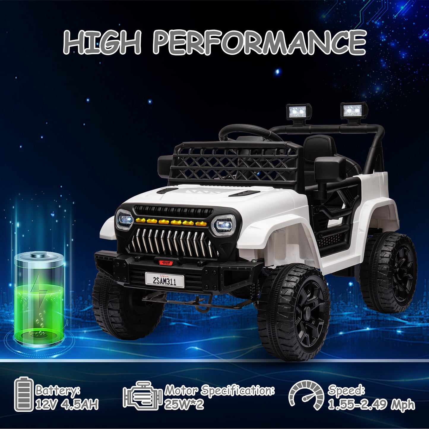 Garvee Ride - P Series: 12V Kids Ride On Truck for Toddles age 3+,with 2.4G Remote Control, Spring Suspension, Battery Display, LED Lights, Music, Battery Powered Ride on Car - White