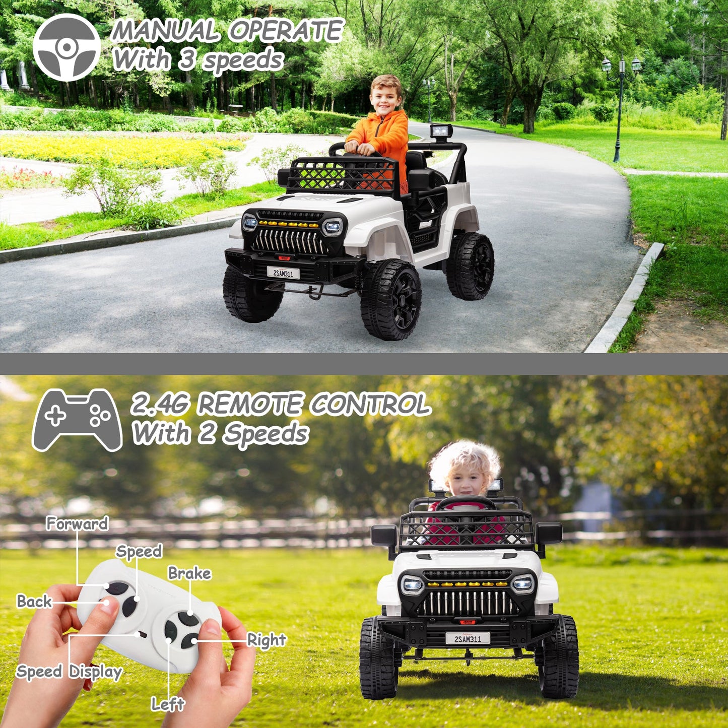Garvee Ride - P Series: 12V Kids Ride On Truck for Toddles age 3+,with 2.4G Remote Control, Spring Suspension, Battery Display, LED Lights, Music, Battery Powered Ride on Car - White