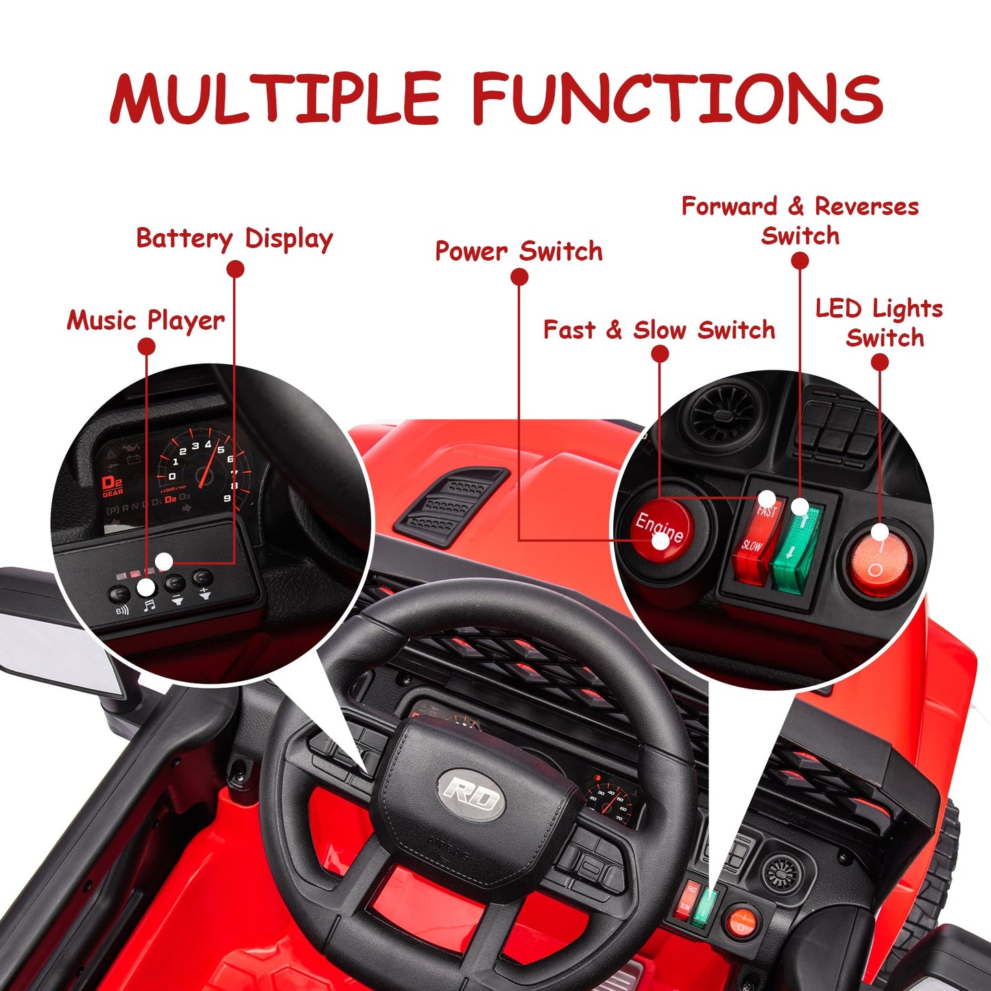Garvee Ride - P Series: 12V Kids Ride On Truck for Toddles age 3+,with 2.4G Remote Control, Spring Suspension, Battery Display, LED Lights, Music, Battery Powered Ride on Car - Red