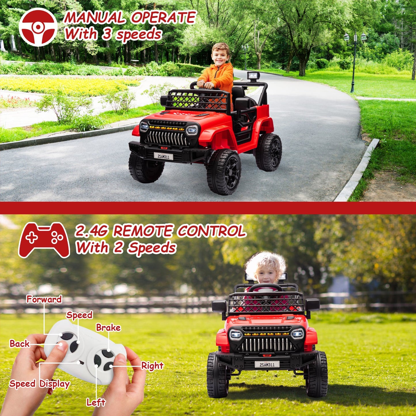 Garvee Ride - P Series: 12V Kids Ride On Truck for Toddles age 3+,with 2.4G Remote Control, Spring Suspension, Battery Display, LED Lights, Music, Battery Powered Ride on Car - Red