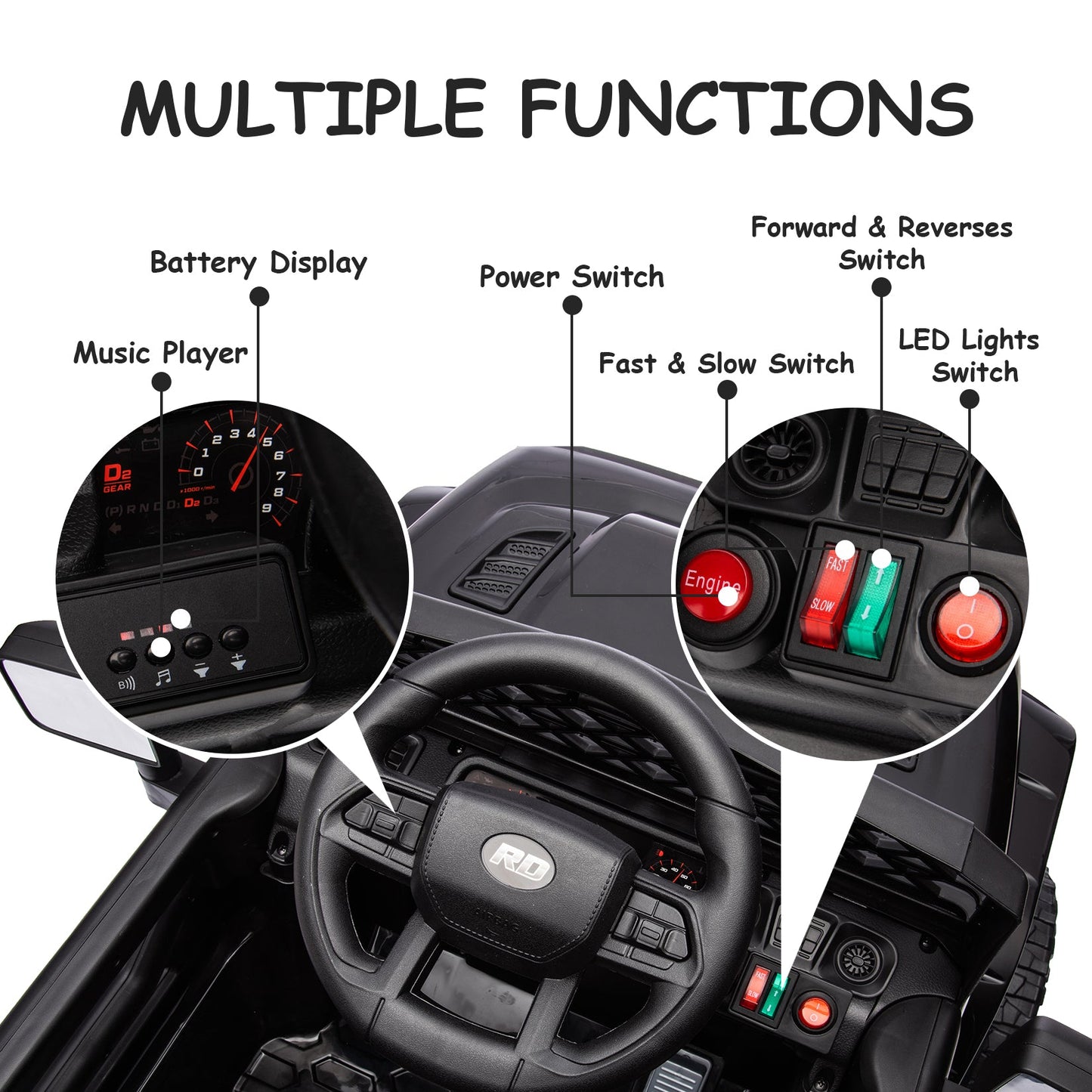 Garvee Ride - P Series: 12V Kids Ride On Truck for Toddles age 3+,with 2.4G Remote Control, Spring Suspension, Battery Display, LED Lights, Music, Battery Powered Ride on Car - Black