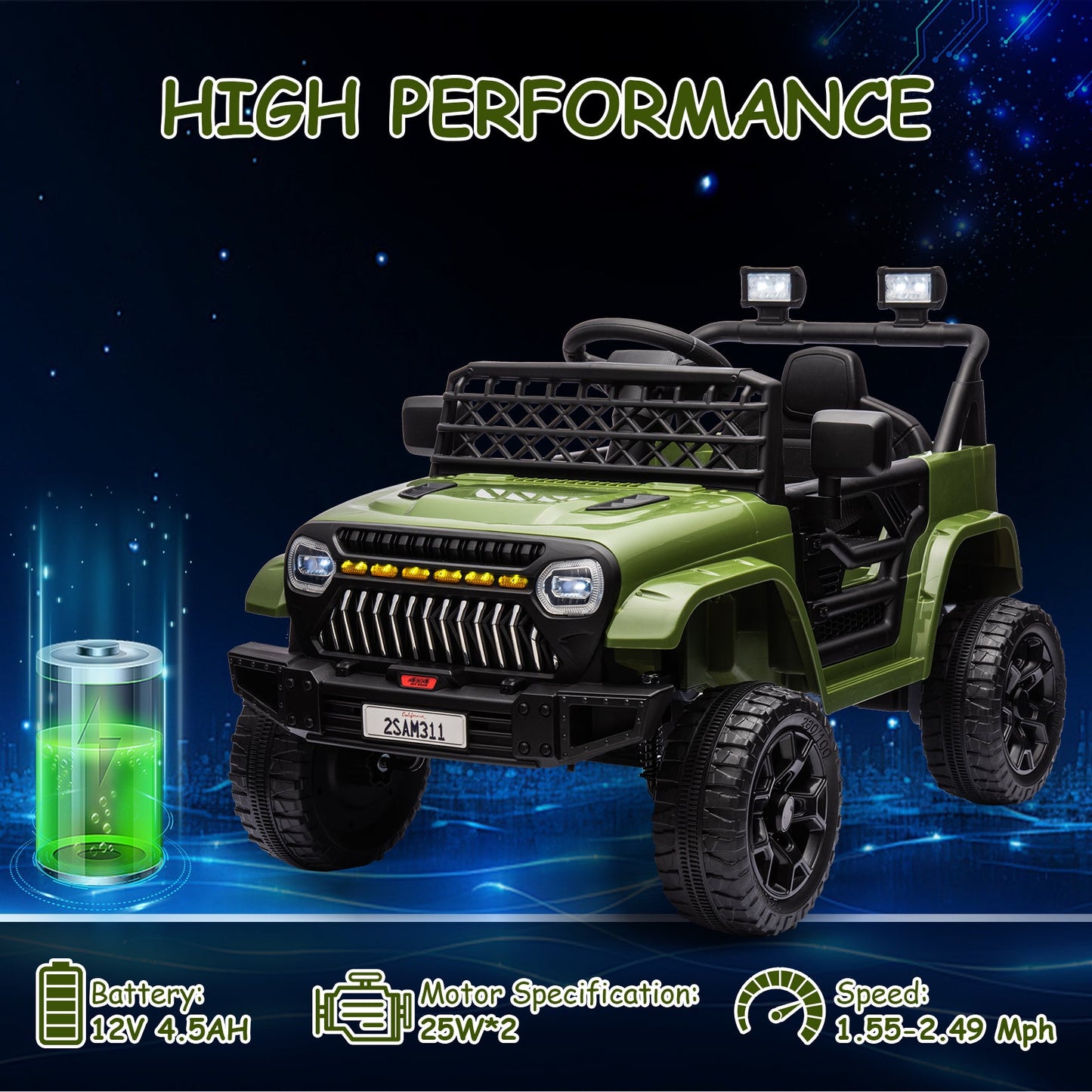 Garvee Ride - P Series: 12V Kids Ride On Truck for Toddles age 3+,with 2.4G Remote Control, Spring Suspension, Battery Display, LED Lights, Music, Battery Powered Ride on Car - Army Green
