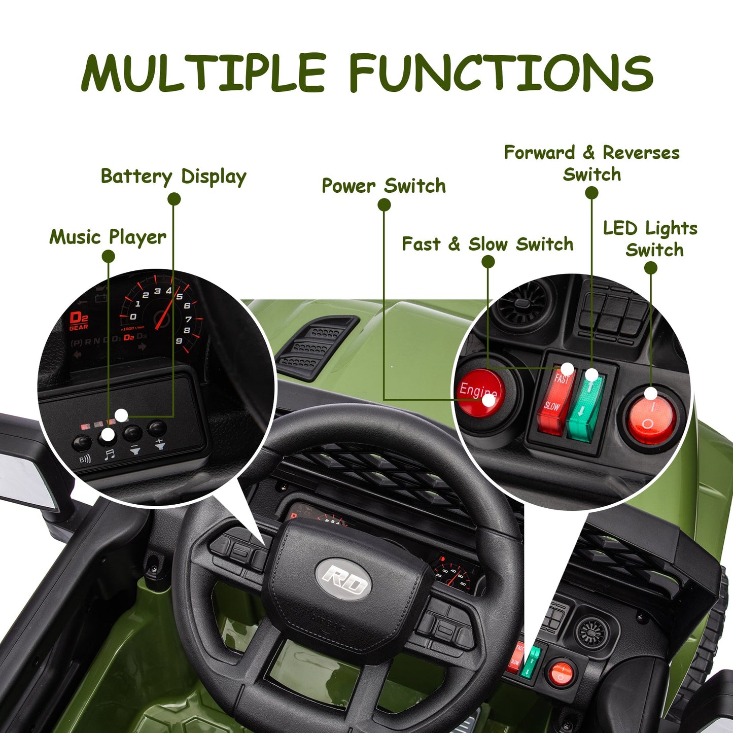 Garvee Ride - P Series: 12V Kids Ride On Truck for Toddles age 3+,with 2.4G Remote Control, Spring Suspension, Battery Display, LED Lights, Music, Battery Powered Ride on Car - Army Green