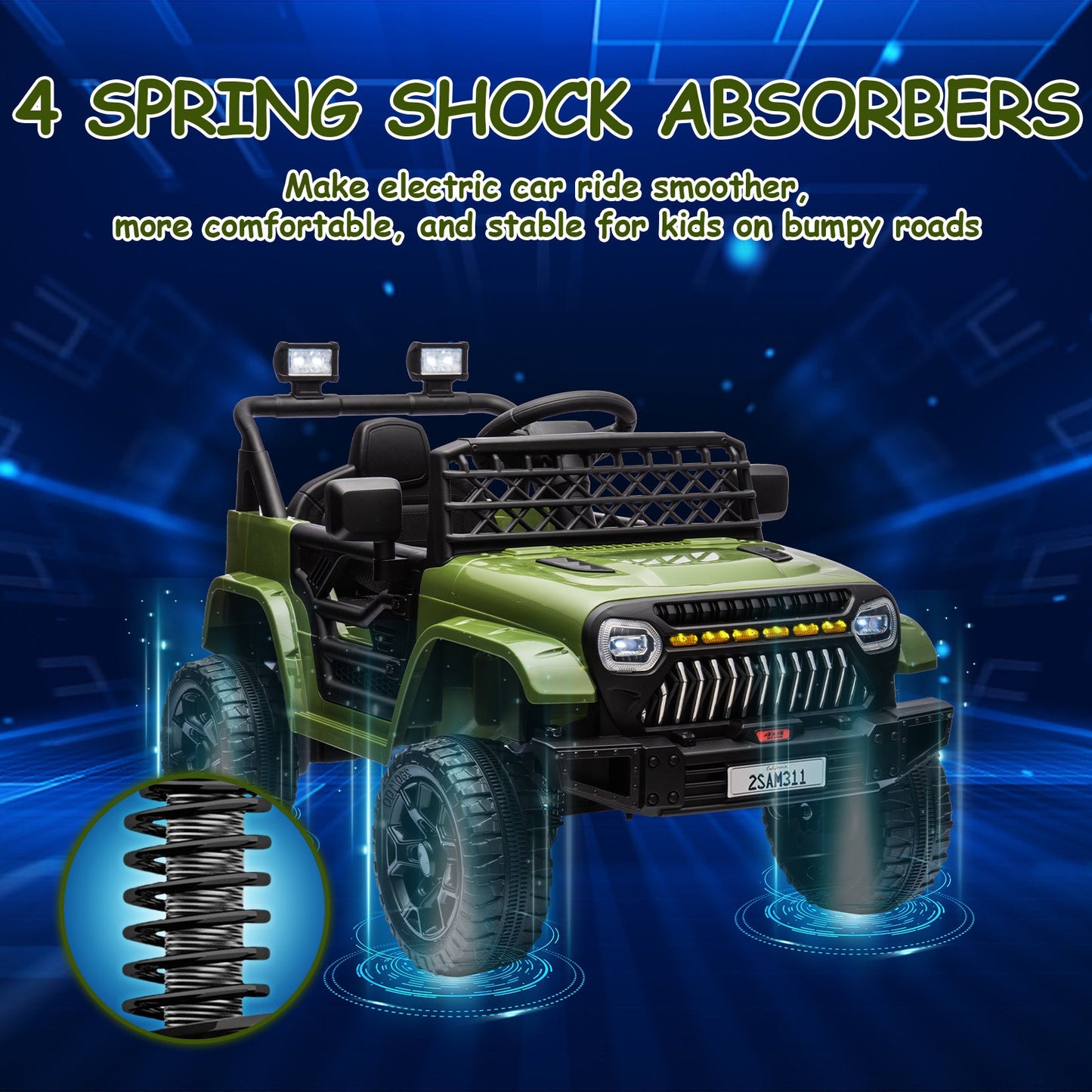 Garvee Ride - P Series: 12V Kids Ride On Truck for Toddles age 3+,with 2.4G Remote Control, Spring Suspension, Battery Display, LED Lights, Music, Battery Powered Ride on Car - Army Green