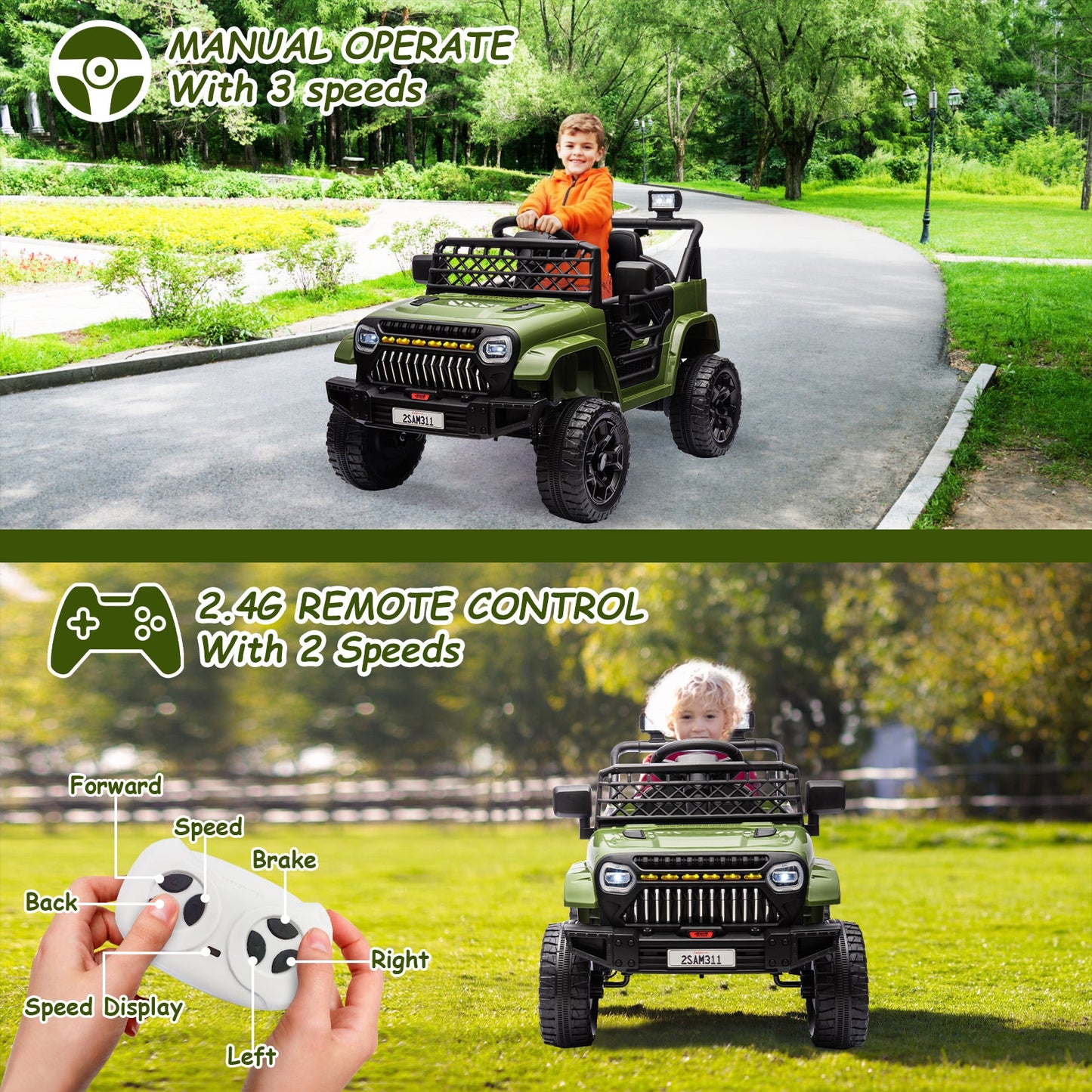 Garvee Ride - P Series: 12V Kids Ride On Truck for Toddles age 3+,with 2.4G Remote Control, Spring Suspension, Battery Display, LED Lights, Music, Battery Powered Ride on Car - Army Green
