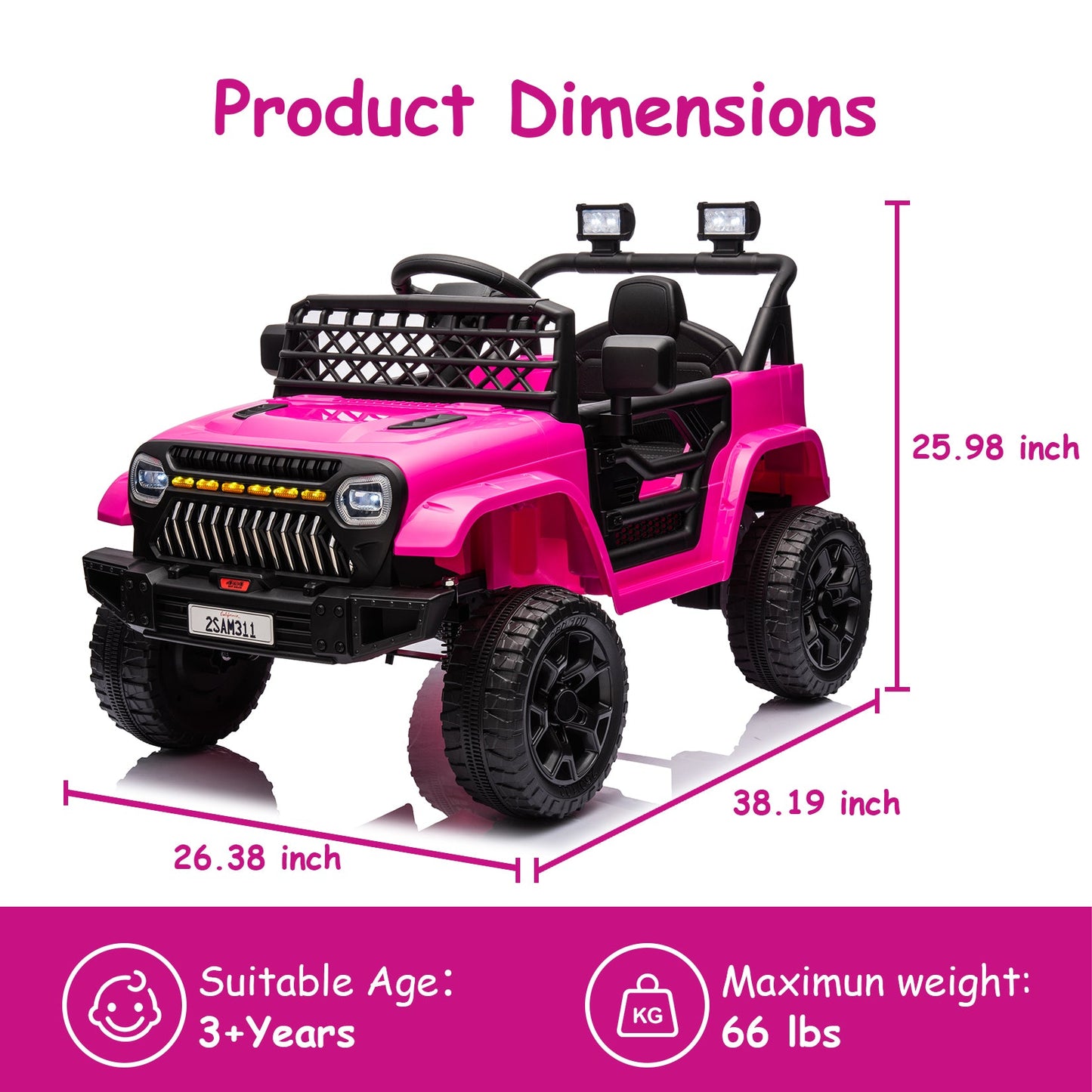 Garvee Ride - P Series: 12V Kids Ride On Truck for Toddles age 3+,with 2.4G Remote Control, Spring Suspension, Battery Display, LED Lights, Music, Battery Powered Ride on Car - Rose Red