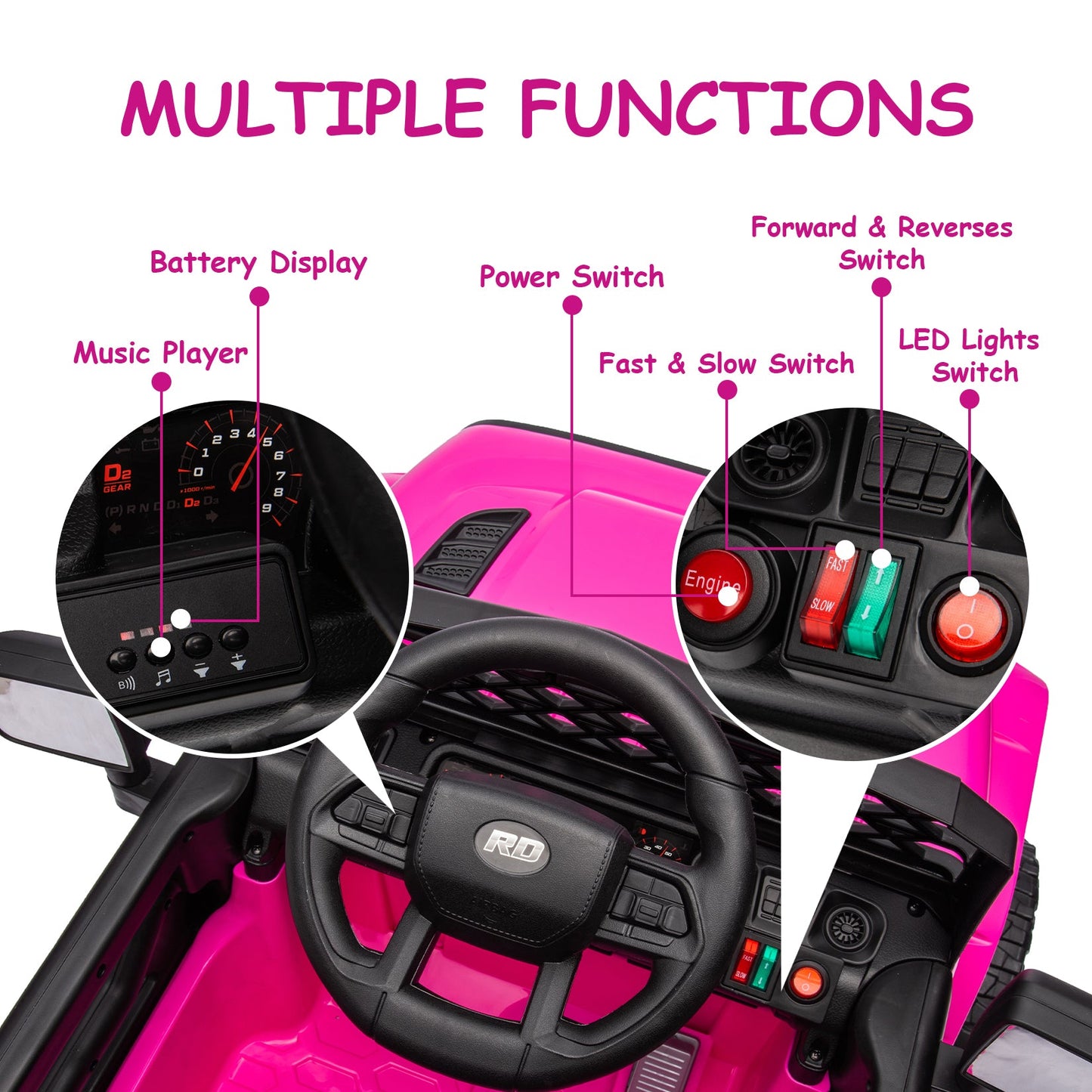 Garvee Ride - P Series: 12V Kids Ride On Truck for Toddles age 3+,with 2.4G Remote Control, Spring Suspension, Battery Display, LED Lights, Music, Battery Powered Ride on Car - Rose Red
