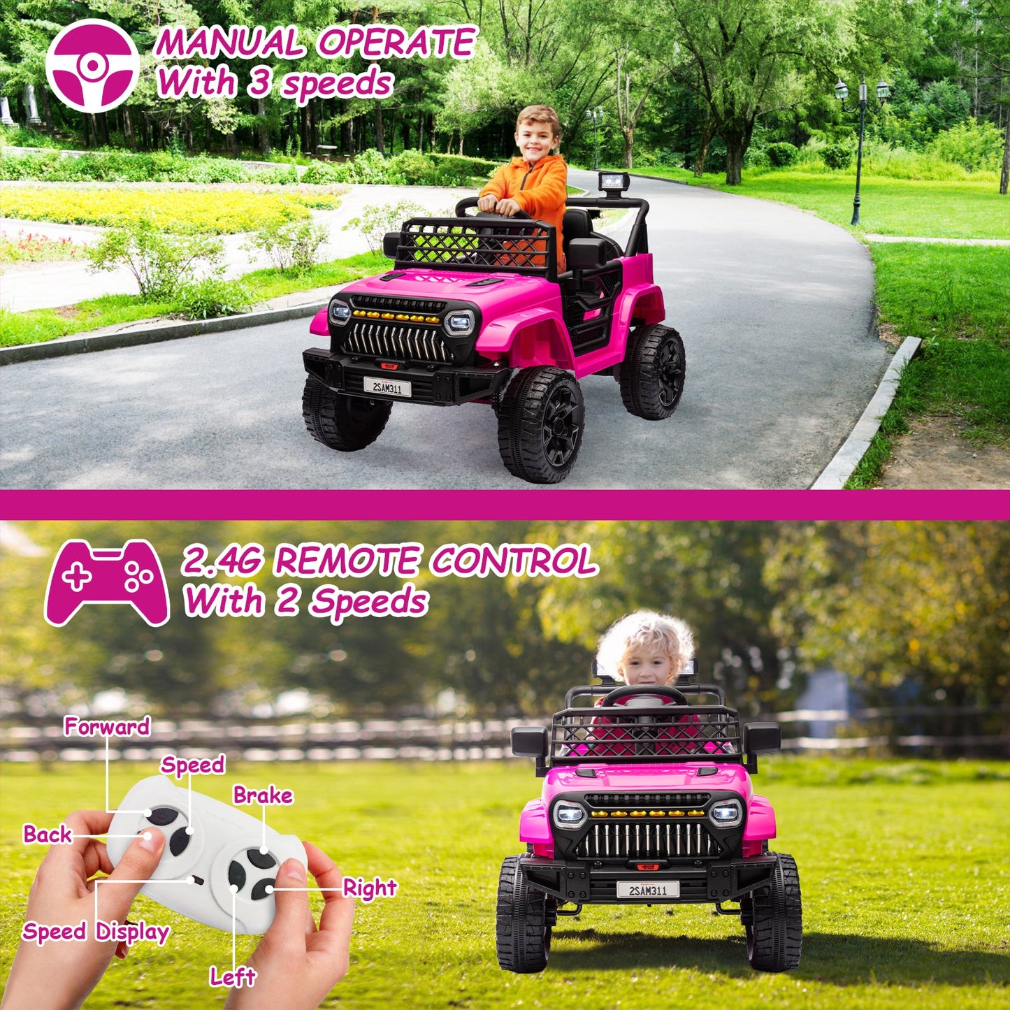 Garvee Ride - P Series: 12V Kids Ride On Truck for Toddles age 3+,with 2.4G Remote Control, Spring Suspension, Battery Display, LED Lights, Music, Battery Powered Ride on Car - Rose Red